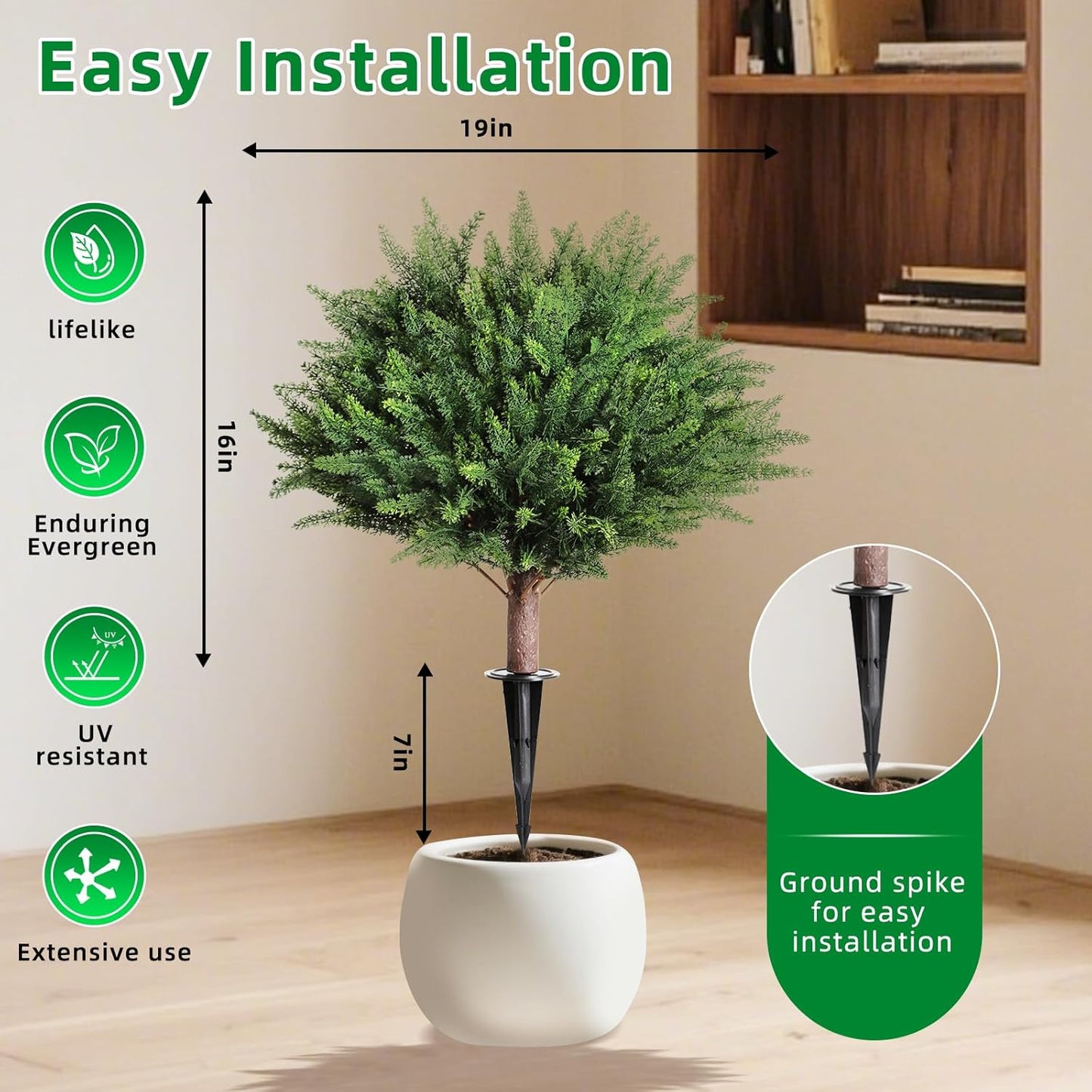 23" Artificial Cedar Topiary Ball Trees ，Set of 2 Outdoor Faux Plants with Ground Spike, UV Resistant Fake Pine Shrubs Bushes for Indoor Front Porch Yard Decorations (Cypres)