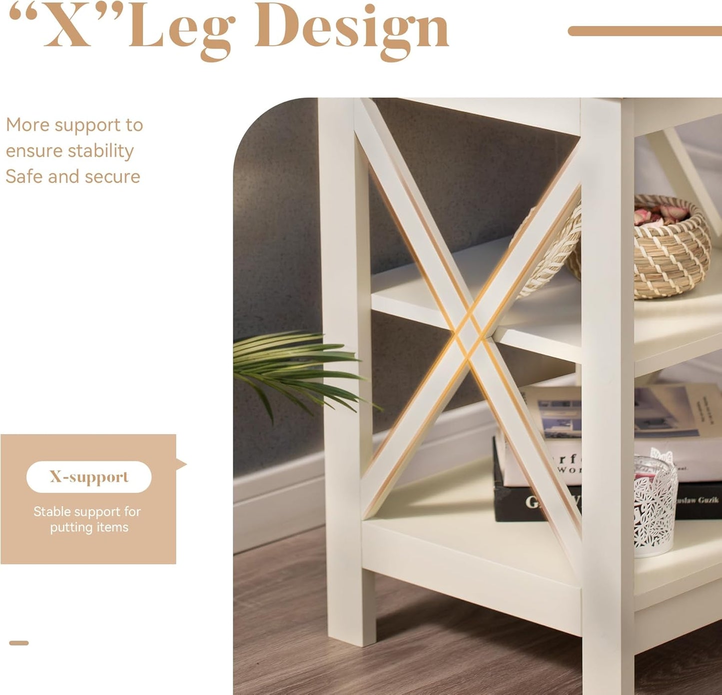 ALPHA HOME Side Table, Farmhouse End Table Set of 2, Bedside Table 3-Tier Storage Shelf for Small Spaces, Sofa Couch Table, Coffee Table, Nightstands Set for Living Room, Bed Room, Ivory