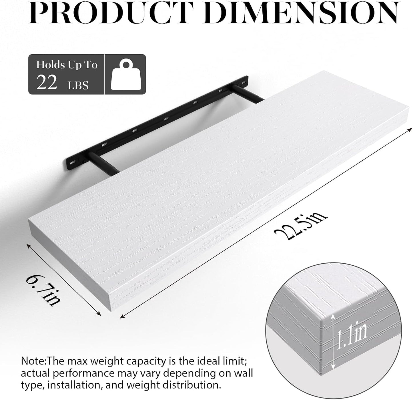 BAYKA Floating Shelves for Wall, 22.5 inches Wall Mounted Rustic Wood Shelves for Bathroom, Bedroom, Living Room, Floating Shelves for Books/Storage/Decor (White,Set of 3)