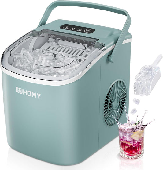 EUHOMY Countertop Ice Maker Machine with Handle, 26lbs Per Day, 9 Ice Cubes Ready in 6 Mins, Auto-Cleaning Portable Ice Maker with Basket and Scoop, for Home/Kitchen/Camping/RV (Green)