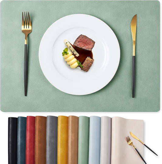 MOSAYT Vinyl Placemats Set of 6-12 X 17 Inch - Faux Leather 100% Waterproof Oil-Proof Wipeable PU Place Mats, Heat Resistant Reversible Table Mats for Kitchen, Dining, Outdoor (Green)