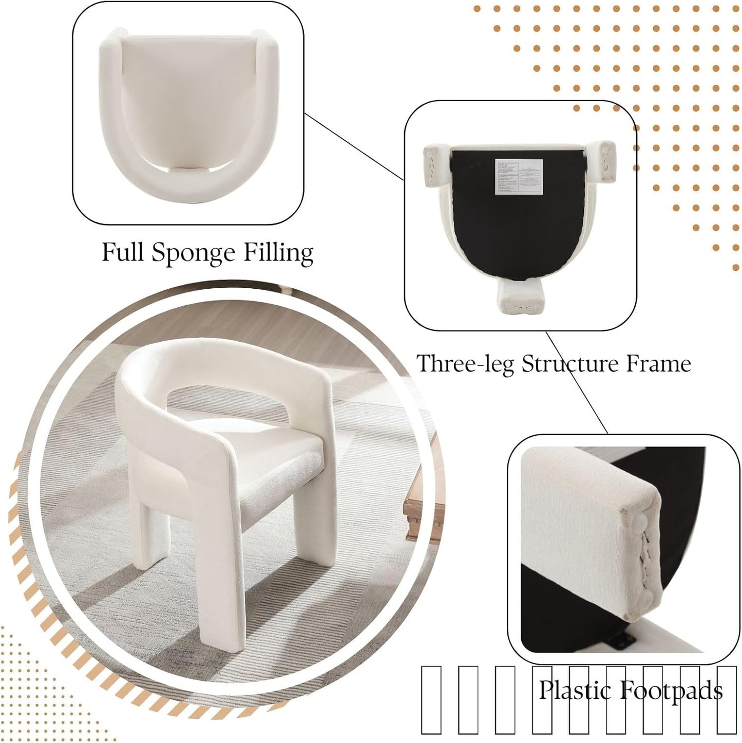 White Chenille Dining Chairs Set of 2, Modern Barrel Dining Room Chairs Upholstered Accent Chair with Arms and Round Back for Living Room Kitchen Armchair No Assembly Needed