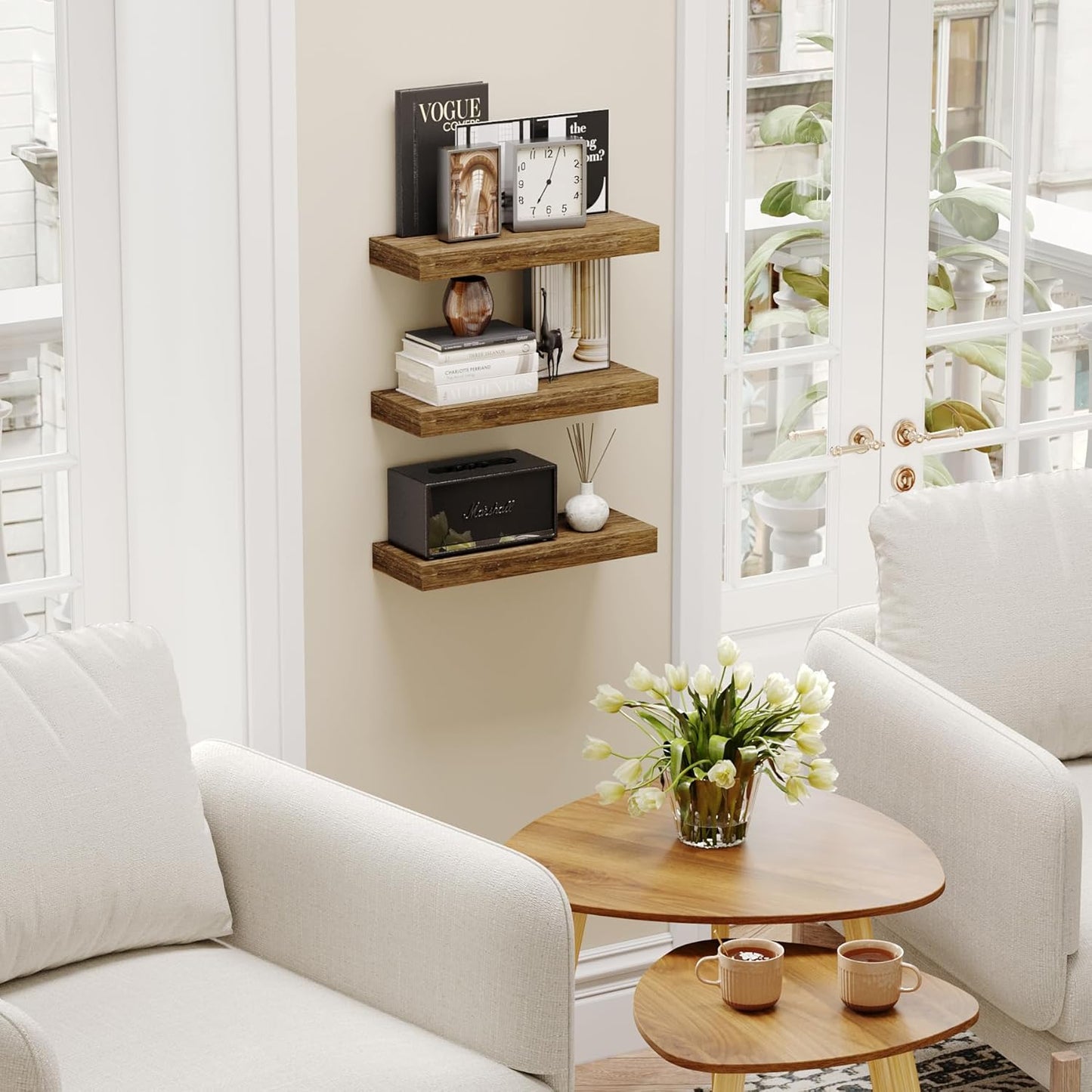 BAMEOS Floating Shelves, 16x6 Wall Mounted Wooden Shelves with Invisible Brackets Set of 3, Hanging Wall Shelves Decoration for Bedroom, Bathroom, Living Room and Kitchen