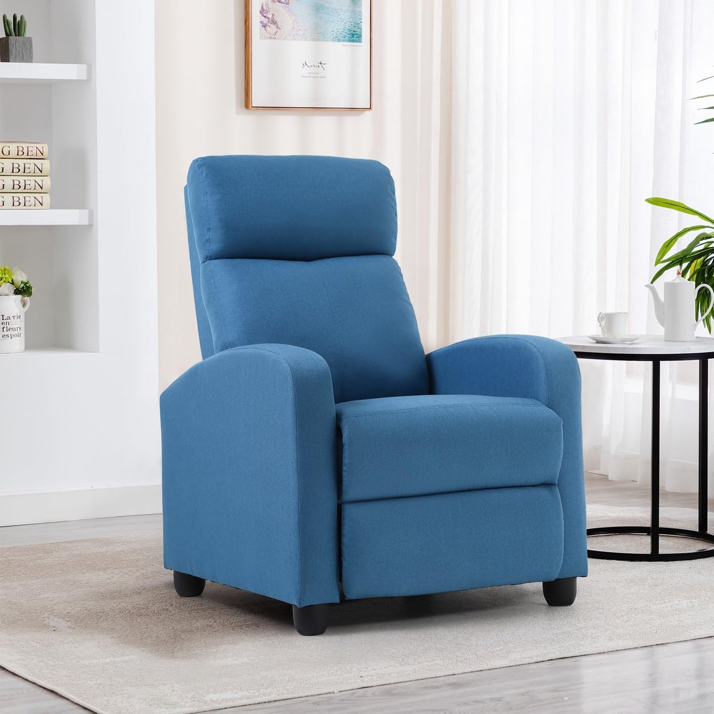 BestMassage | Recliner Chair | No Massage Function | Textile Blue | with Lumbar Support, Adjustable Push Back, Wide Armrests, Footrest & Padded Seat | Easy Assembly | for Living Room, Home Theatre