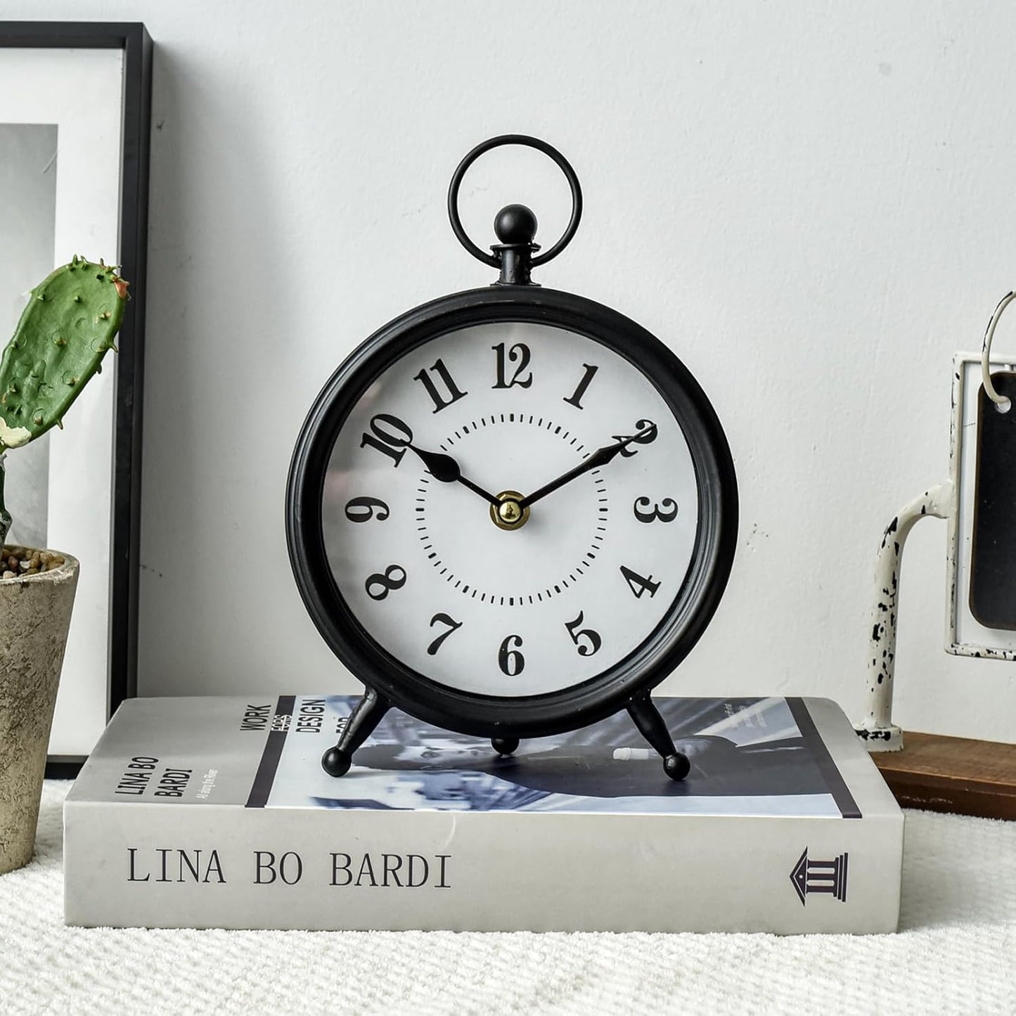 Vintage Non-Ticking Black Table Clock with Stand, Decorative Clock for Desk and Shelf, Rustic Farmhouse Style Mantel Timepiece