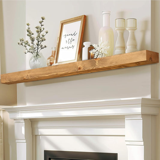 72x7x3 Fireplace Mantel - Solid Rustic Wood - Wall Mounted Floating Shelf with Invisible Heavy Duty Steel Bracket (Natural Wood)