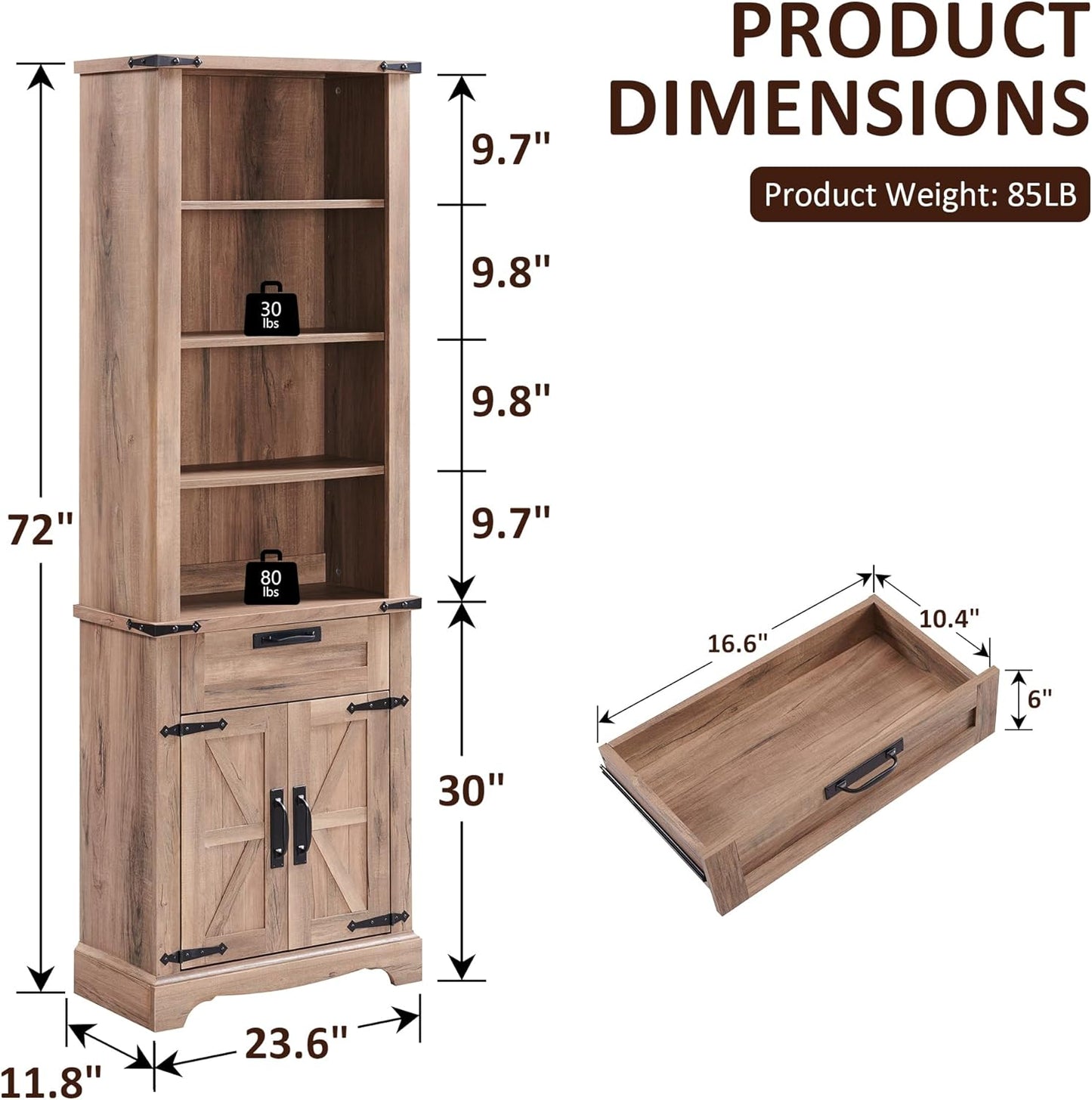 OKD 72'' Tall Bookshelf with Storage, Farmhouse 4 Tier Bookcase with Barn Door, Adjustable Shelves and Drawers, Rustic Wooden Office Bookshelves for Home Bedroom, Living Room, Library (Natural Oak)