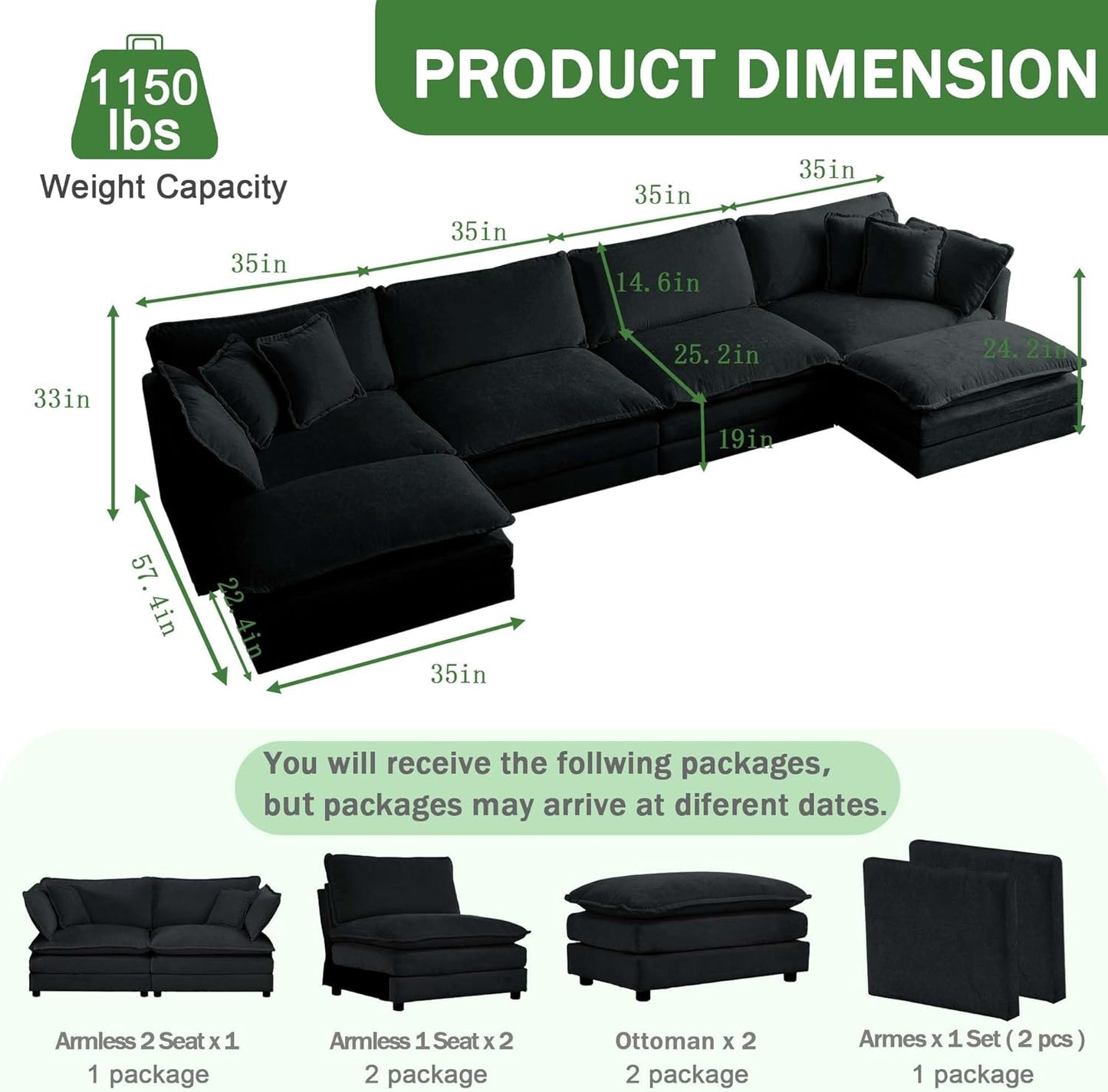 Sectional Sofa 4 Seater with Movable 2 Ottomans,Oversized Modular Couch Deep Seat (Black, 146.5 inch-U)
