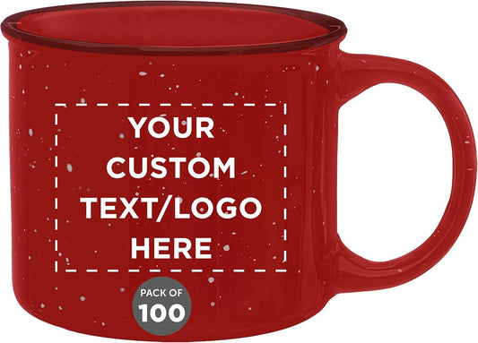 DISCOUNT PROMOS Custom Ceramic Campfire Coffee Mugs 13 oz. Set of 100, Personalized Bulk Pack - Perfect for Tea, Espresso, Cappuccino, Hot Cocoa - Red