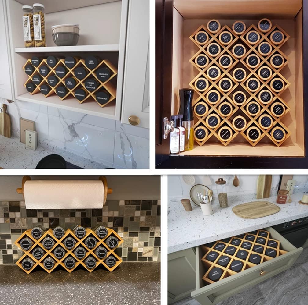 Bamboo Criss Cross Spice Rack Organizer for Cabinet, Wood Seasoning Rack Spice Holder, 18-Jar Spice Rack Tower Spice Storage for Kitchen Countertop Drawer-Jars Not Included