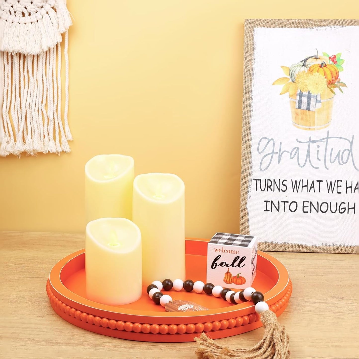 Round Orange Wood Serving Tray with Beads, Wooden Decorative Tray for Entertaining, Decoration, and Gifting,