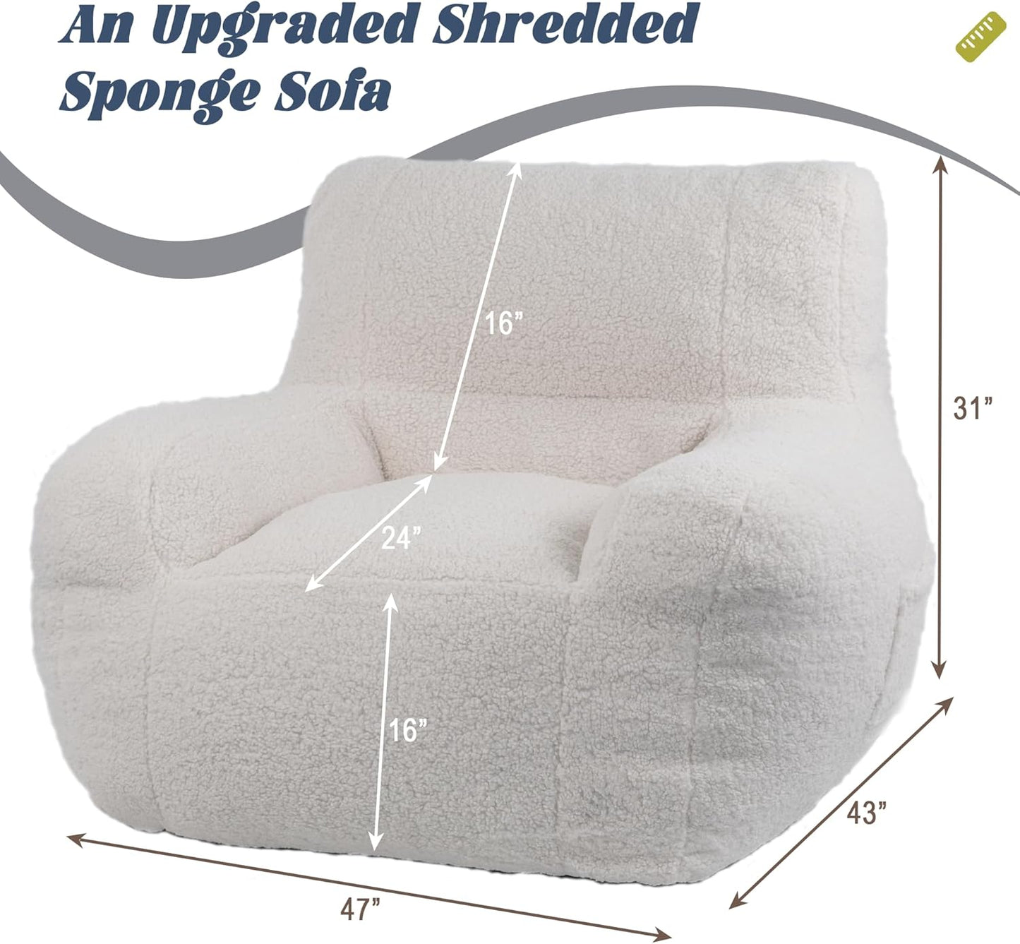 Giant Bean Bag Chair, Lambswool Bean Bag Chair for Adults, Eco-Friendly Filling Soft Bean Bag, White Been Bag for Bedroom, Living Room