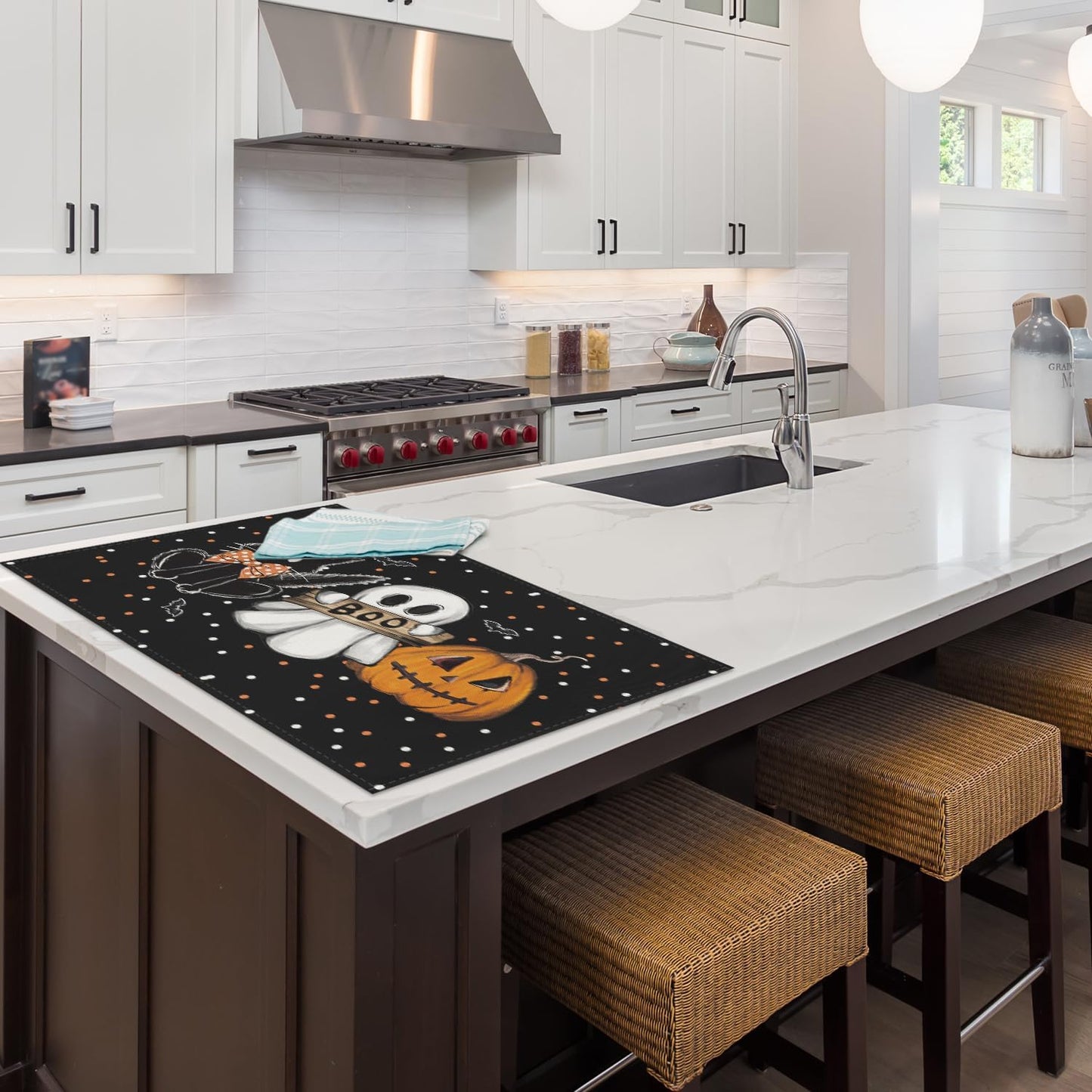 Artoid Mode Cat Ghost Pumpkin Halloween Placemats, 24x36 Inch Extra Large Table Mats for Kitchen Countertop Protector Dining Decoration