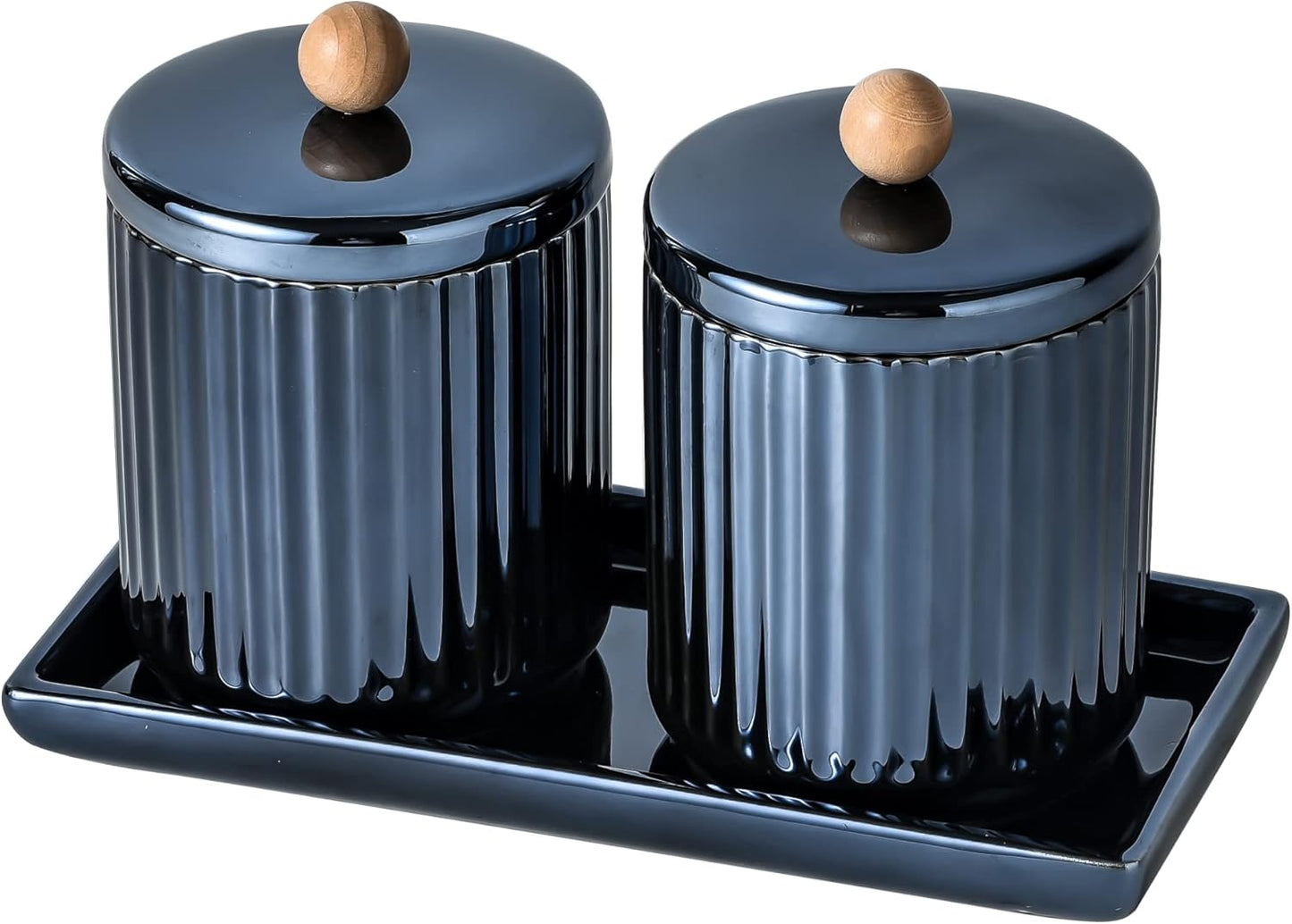 Qtip Holder Bathroom Set with Tray(3PCS) - 2 Piece 12 oz Blue Apothecary Jar Canister with Lid and 1 Pack Ceramic Vanity Tray