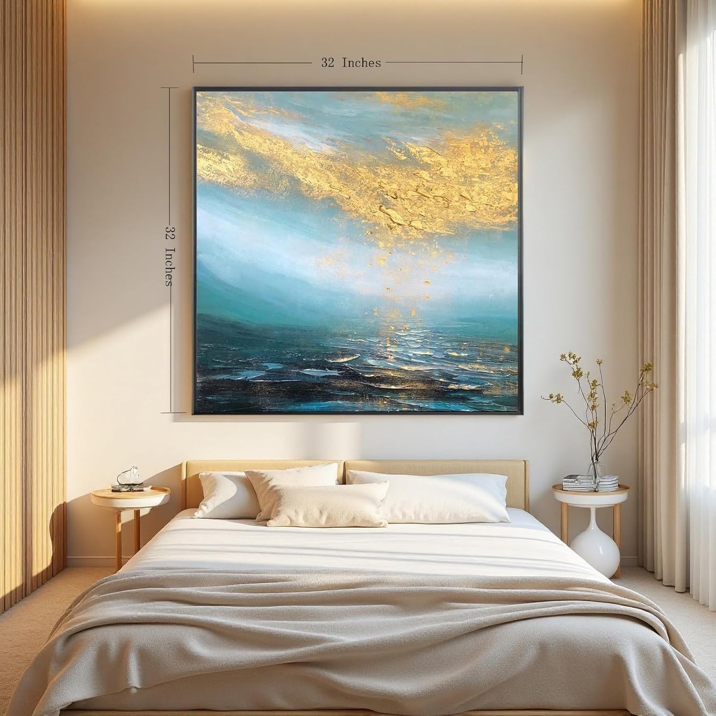 Hand Painted Blue Ocean Oil Painting for Office, Large Abstract Wall Art for Living Room, Framed Seascape Wall Picture for Kitchen Bedroom Home Decor 32x32inch