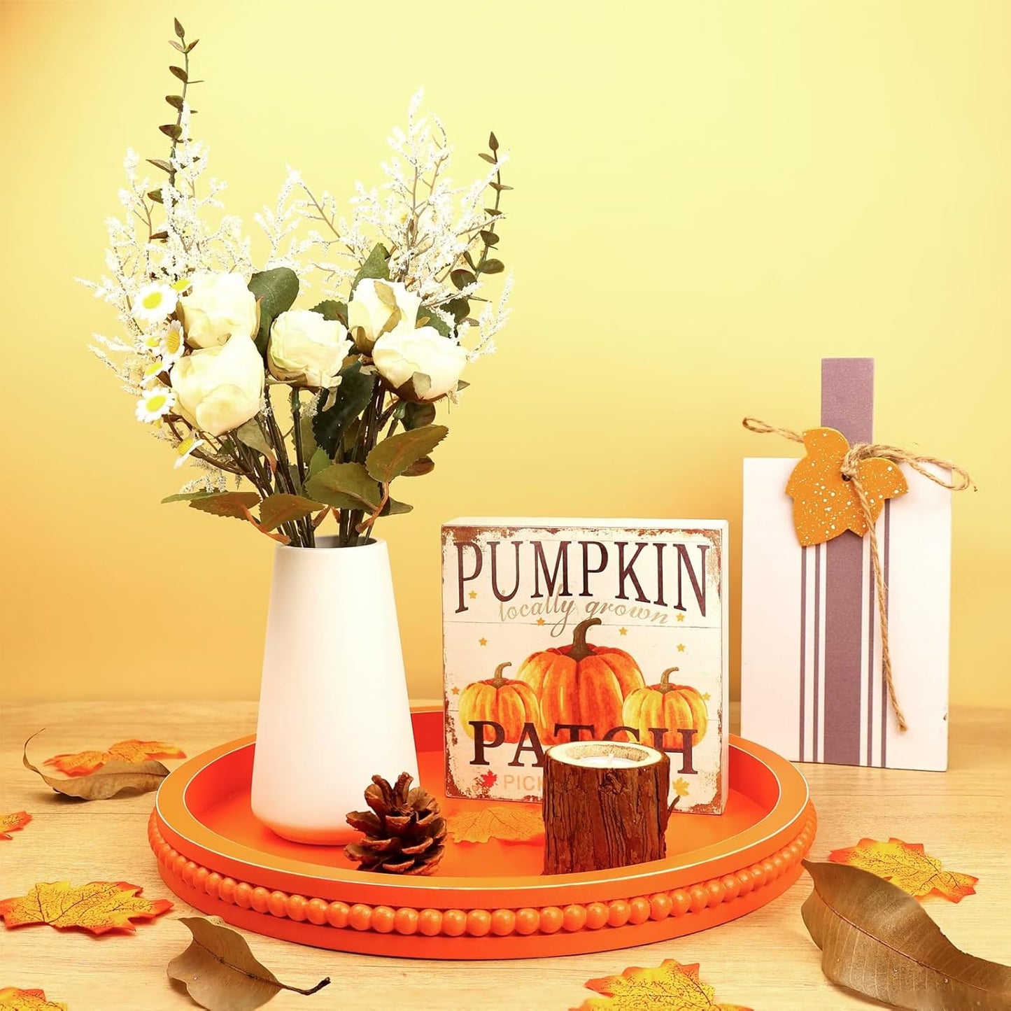 Round Orange Wood Serving Tray with Beads, Wooden Decorative Tray for Entertaining, Decoration, and Gifting,