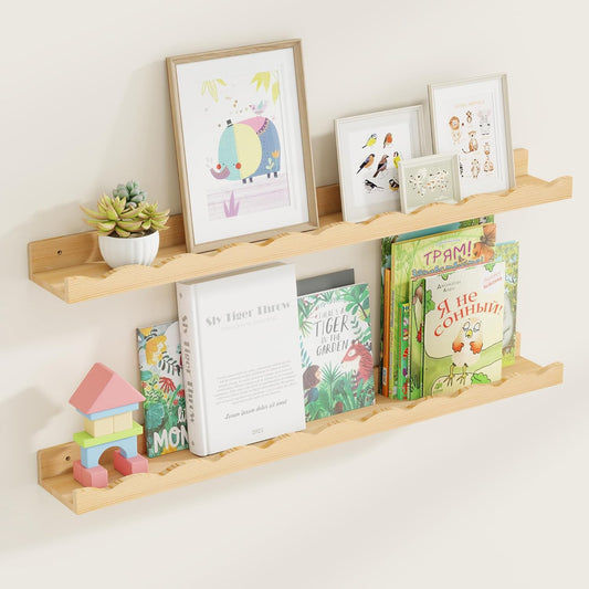 Fun Memories Picture Ledge Shelf for Wall, 36 inch Pine Wood Nursery Book Shelves Set of 2- Wall Book Shelves for Kids Room, Home Decor - Kitchen Spice-Natural