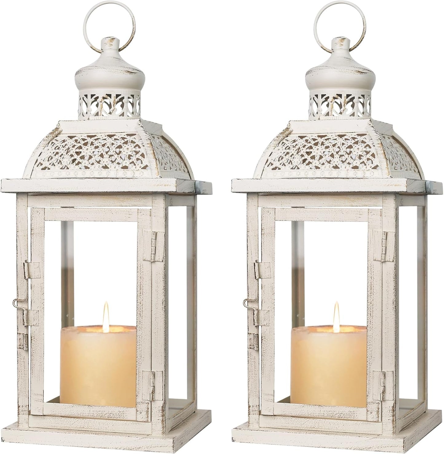DECORKEY Lantern Decorative Indoor&Outdoor, 2 Pack 14.4'' Large Metal Candle Lanterns, Vintage Hanging Candle Holders for Farmhouse Wedding Front Porch Patio, Halloween Christmas Decorations for Home