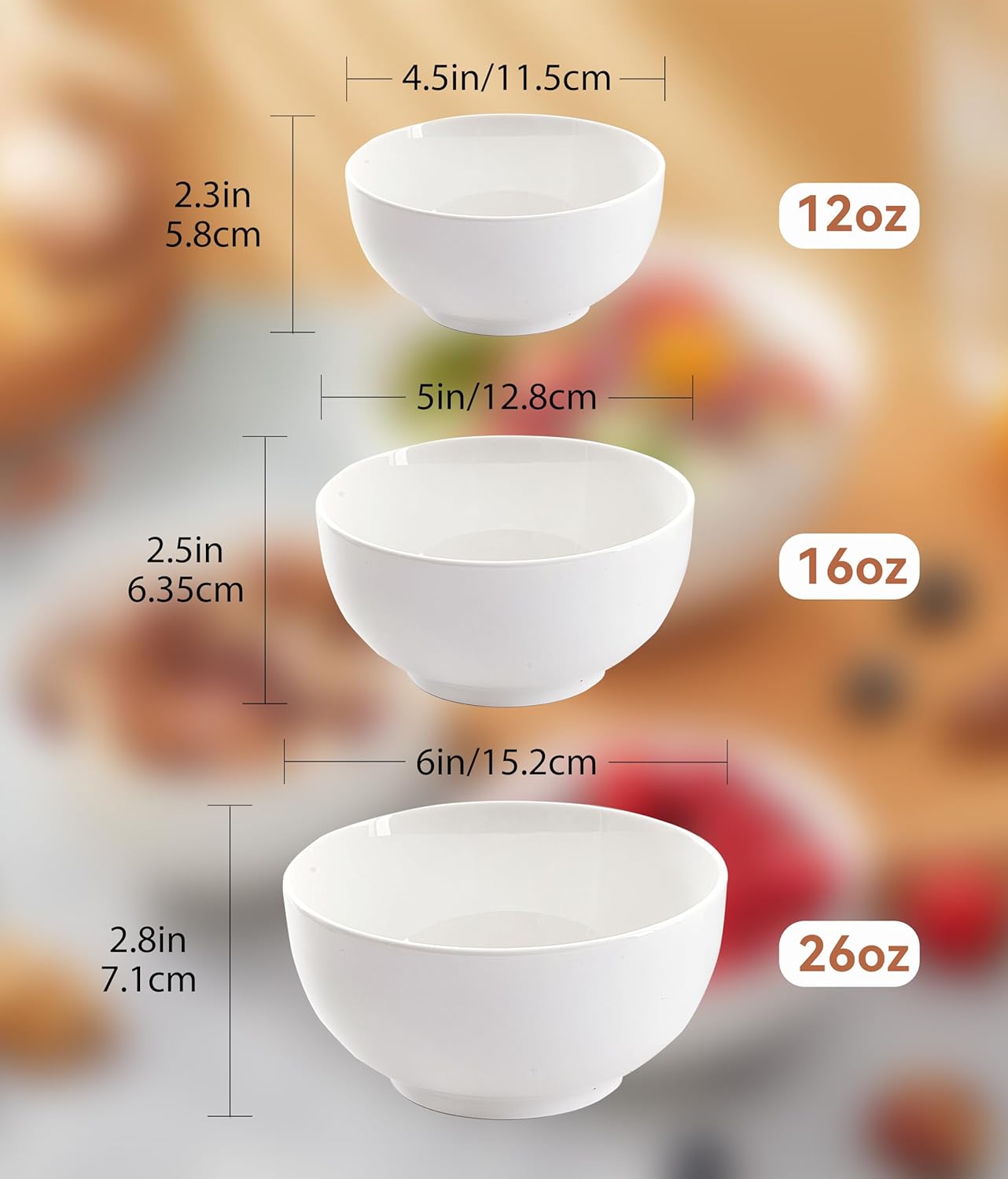 White Soup Bowls 6 in, 26Oz round Large Ceramic Bowl set of 6, Deep Porcelain Bowls for Cereal, Salad, Noodles, Dishwasher/Microwave safe