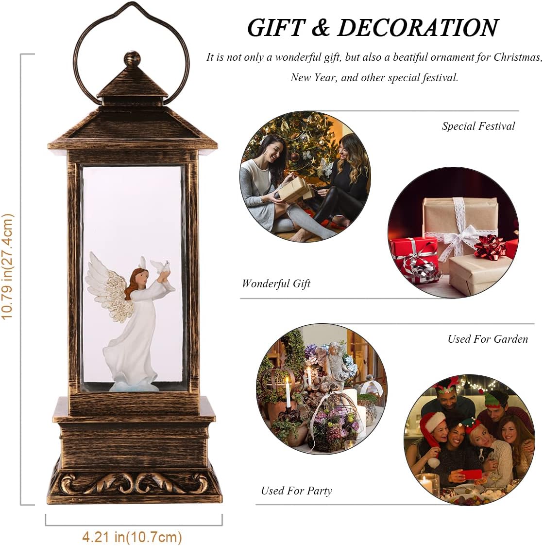 Christmas Decorations Snow Globe Lantern,Christmas Lantern with 8 Christmas Theme Music,Christmas Snow Globe Gifts Water Glittering Swirling Christmas Home Decoration（Dove Angel）