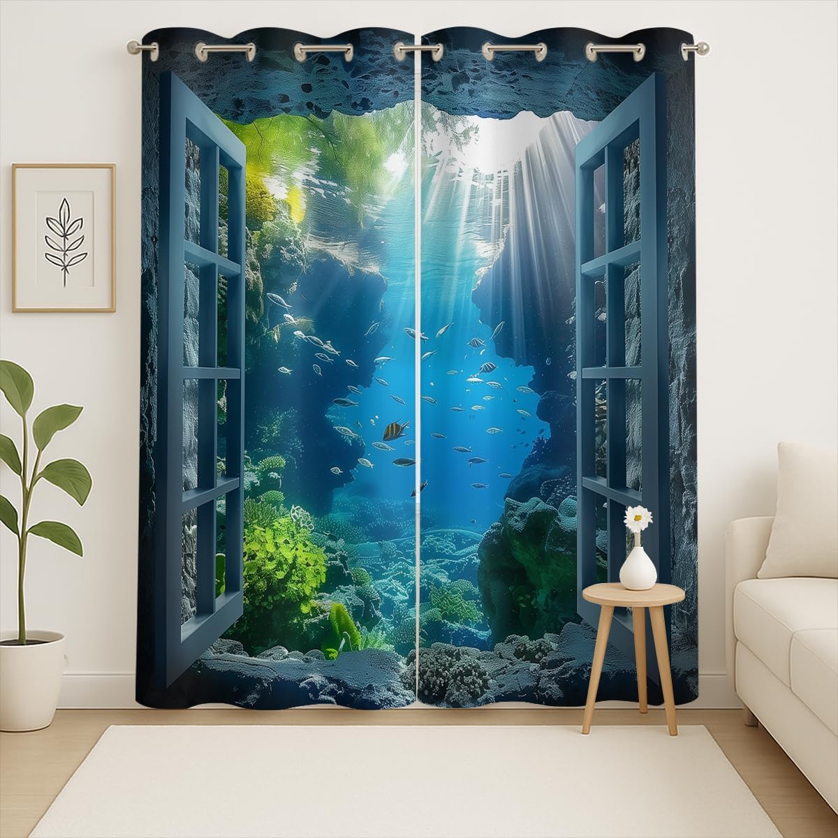 Ocean Fishs Blackout Curtains for Girls Boys Home Decor, Underwater Tropical Fish Undersea Coral Grommet Thermal Insulated Drapes Darkening Window Curtain for Bedroom Living Room, 63 x 63 Inch