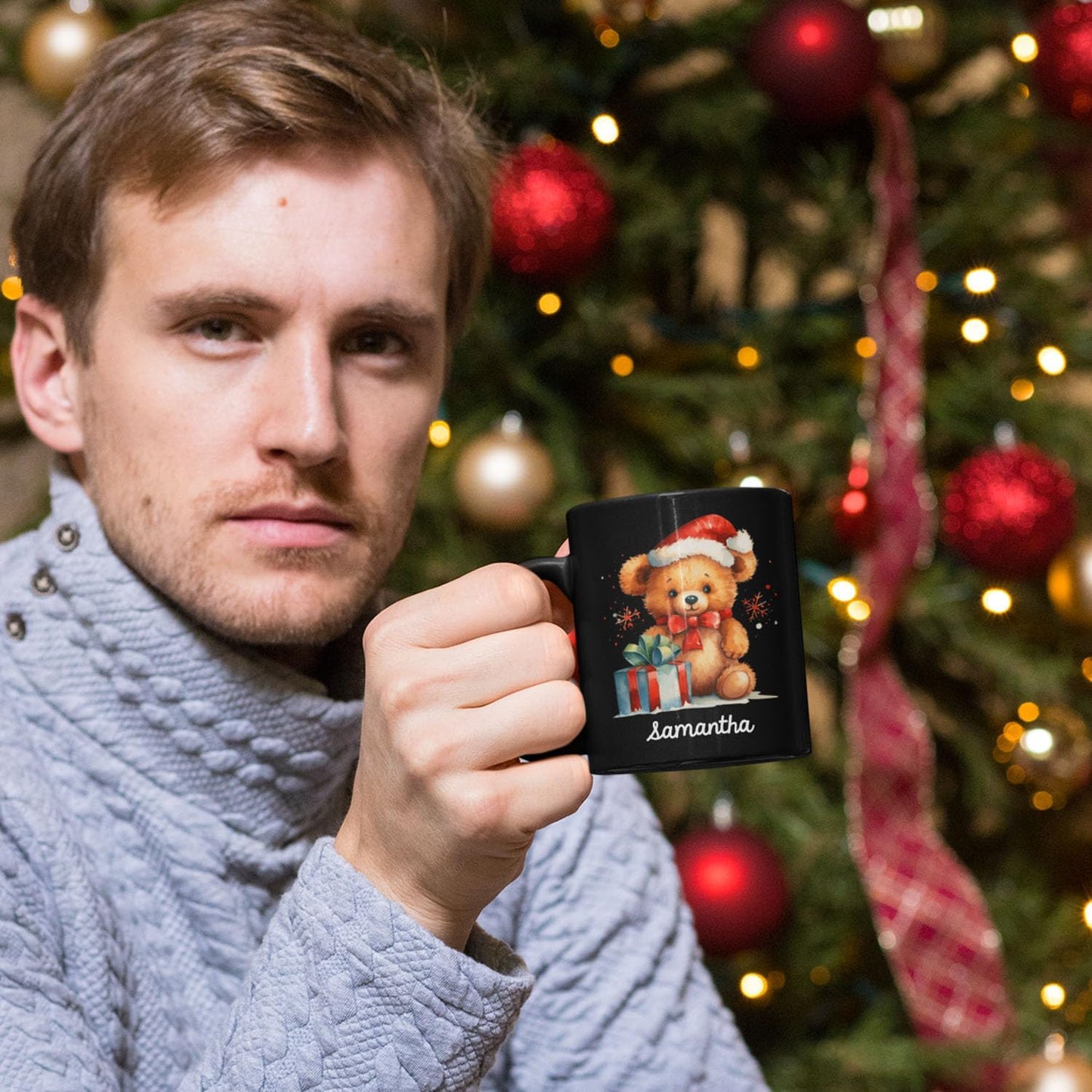 Custom Name Xmas Teddy Bear Cup, Personalized Christmas Teddy Bear Mug, Black Mug With Santa Hat Design - 11oz & 15oz, Gift For Men & Women