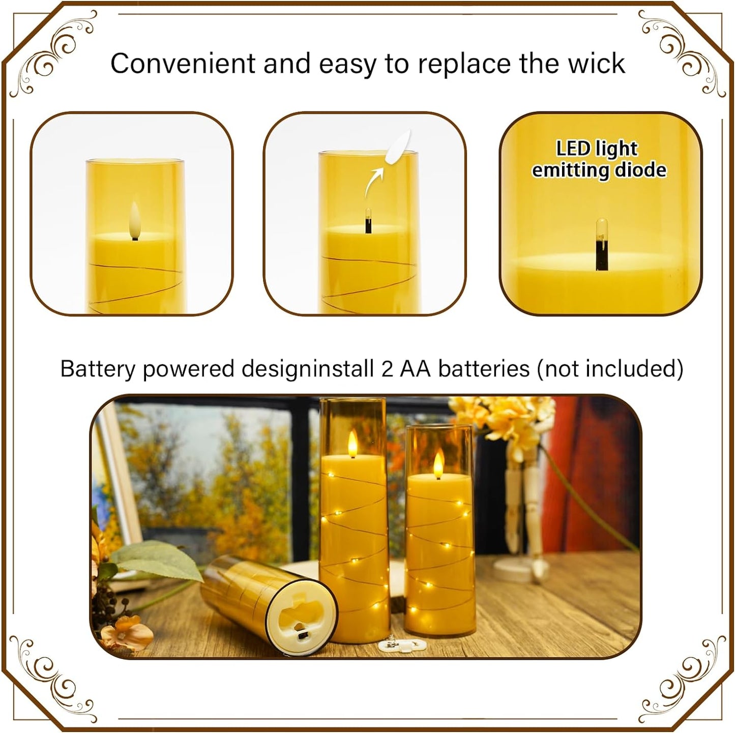 Flickering Flameless LED Candles,Battery Operated Candles 9 Pcs with Embedded Star String,Acrylic LED Pillar Candles with Remote,Suitable for Home Decoration to Create an Atmosphere（Gold）