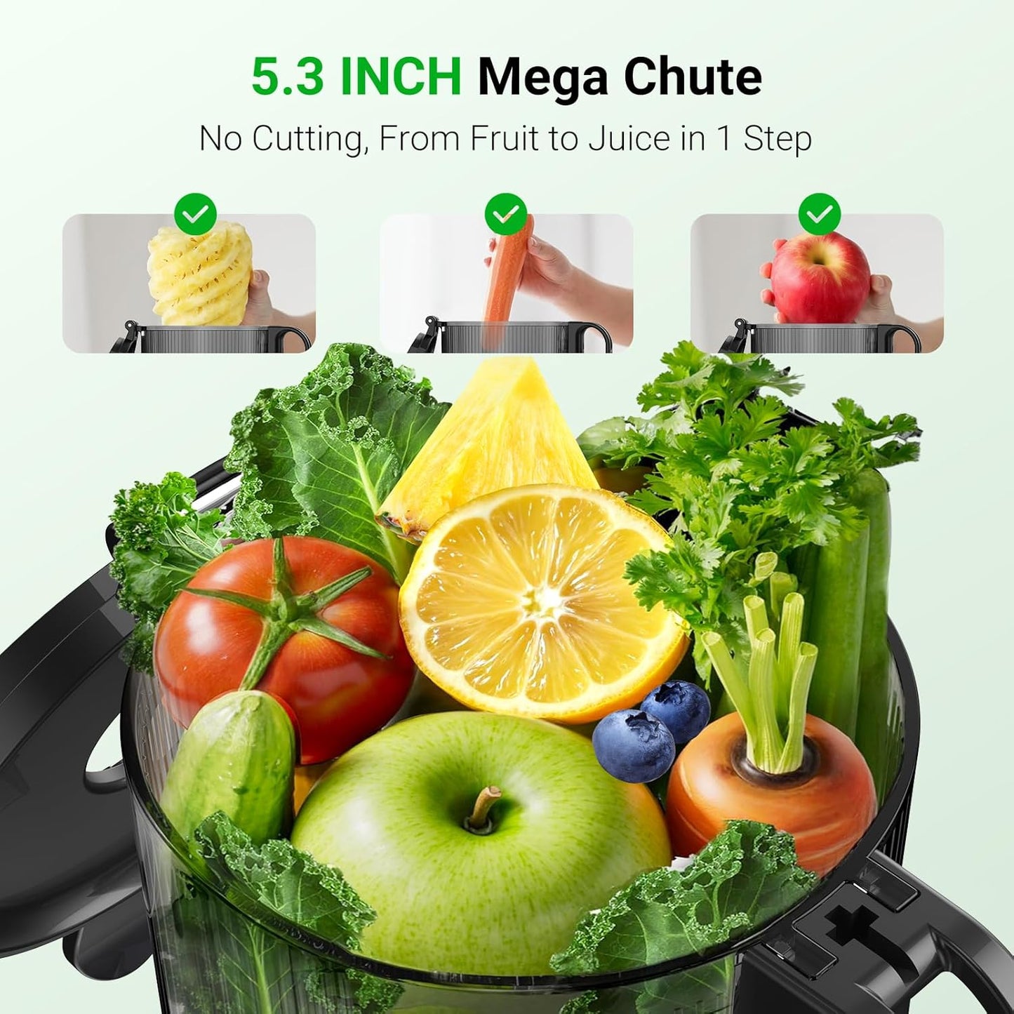 Juicer Machines,Aeitto Cold Press Juicer with 5.3“ Extra Large Feed Chute for Whole Fruits & Vegetables, Slow Masticating Juice Extractor, Self Feeding, Easy to Clean, High Juice Yield, Grey