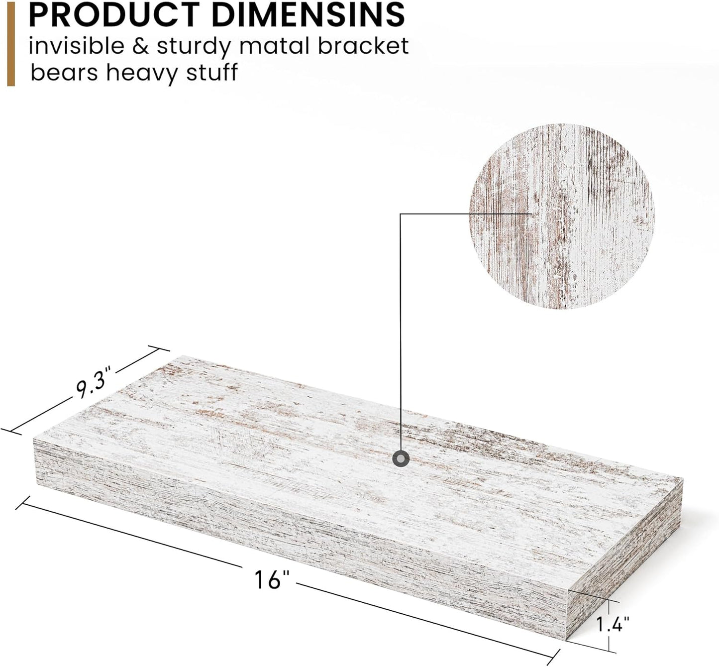 Fun Memories Deep Floating Shelves - 16" W x 9" D x 1.6" H Rustic Grey Wall Shelf - Wall Mounted Shelves for Storage - Wooden Shelves with Invisible Brackets for Living Room, Farmhouse - Set of 2