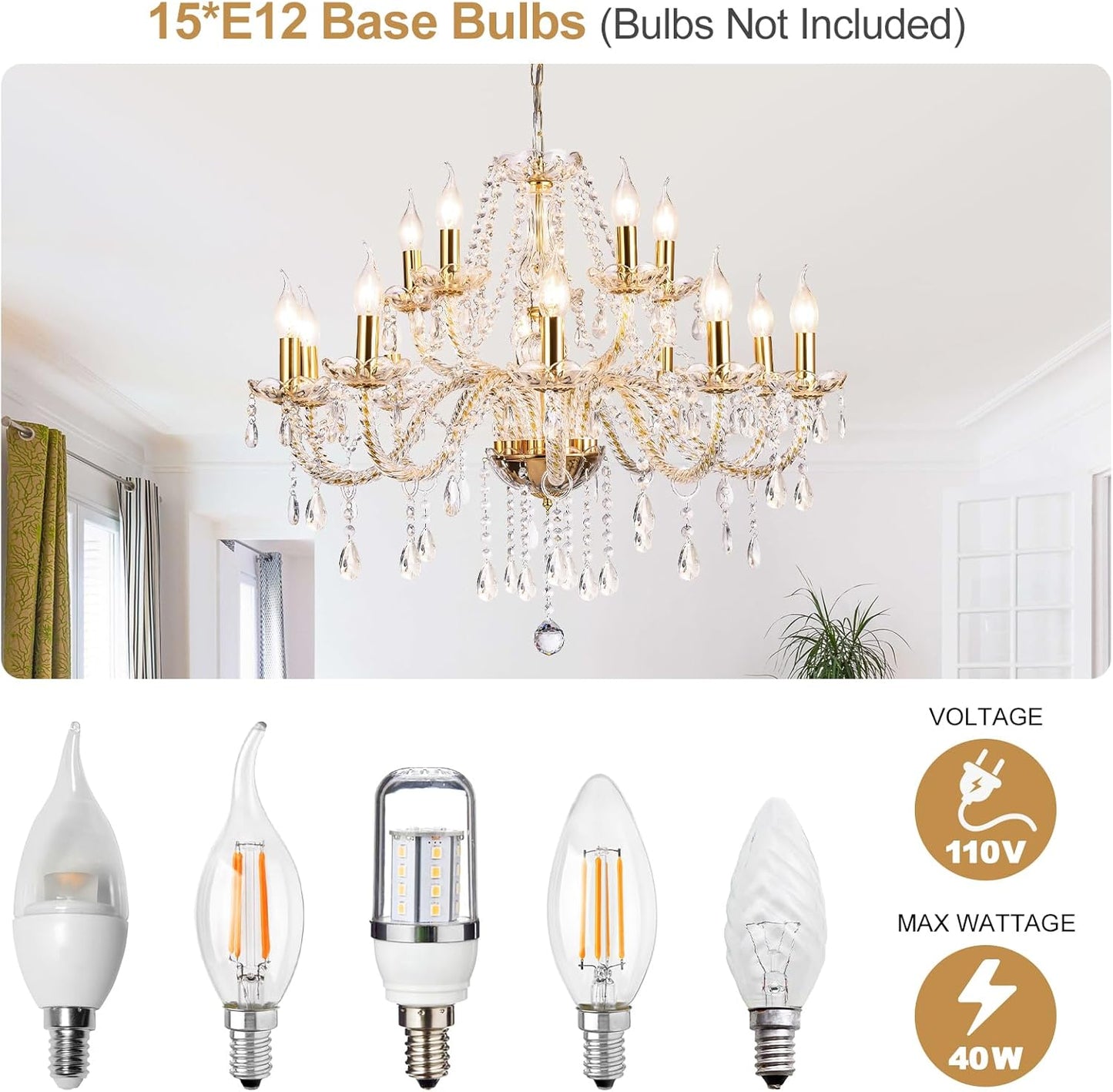 Modern Elegant 15 Lights K9 Crystal Glass Chandelier Golden Pendant Ceiling Lighting European Style for Dining Living Room Bedroom Transparent,15 E12 Bulbs Required