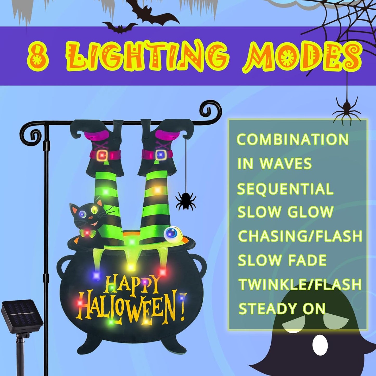 Halloween Lighted Garden Flag for Outside, Led Solar Yard Flag 8 Modes Witch Feet Shape Flag, 12x18 Double Sided Cauldron Eyeball Black Cat Decorations for Home Porch