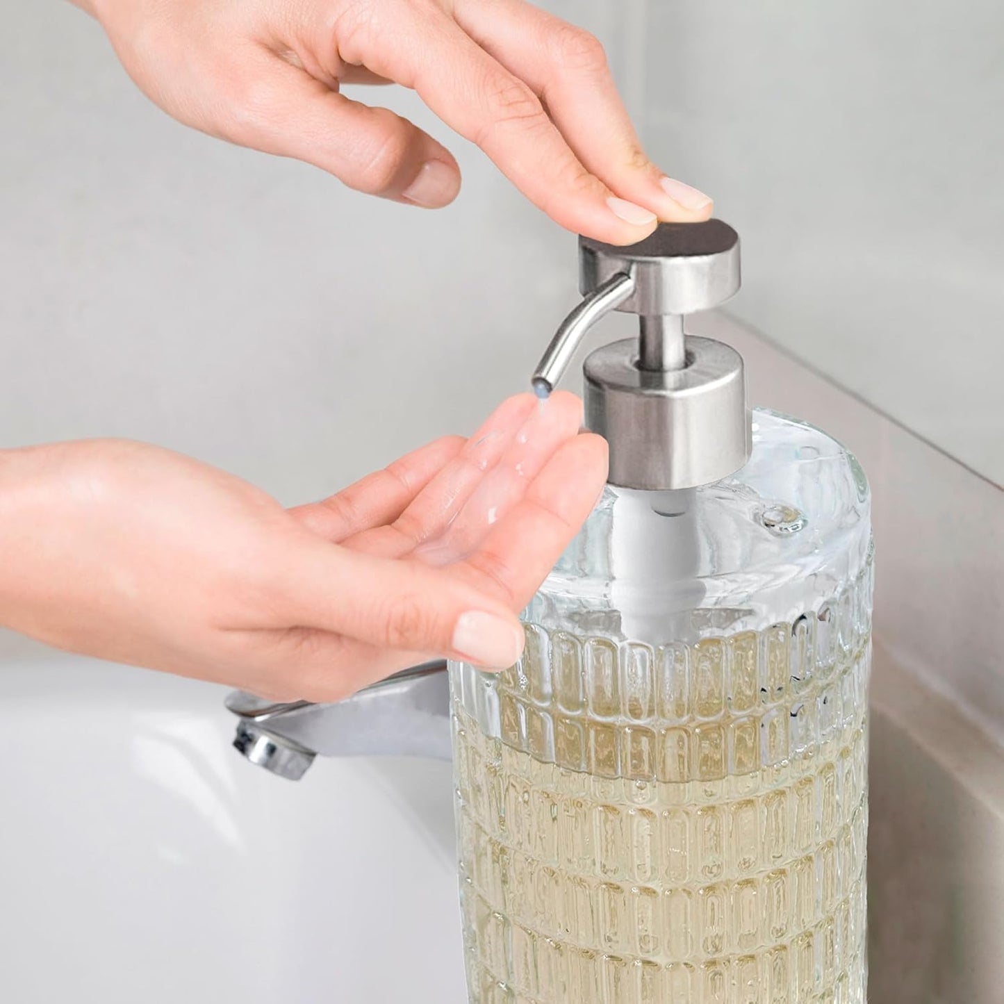 Lunestella Elegant Glass Hand Soap Dispenser with Stainless Steel Pump, for Bathroom and Kitchen, Rust Proof, 17oz (Silver)