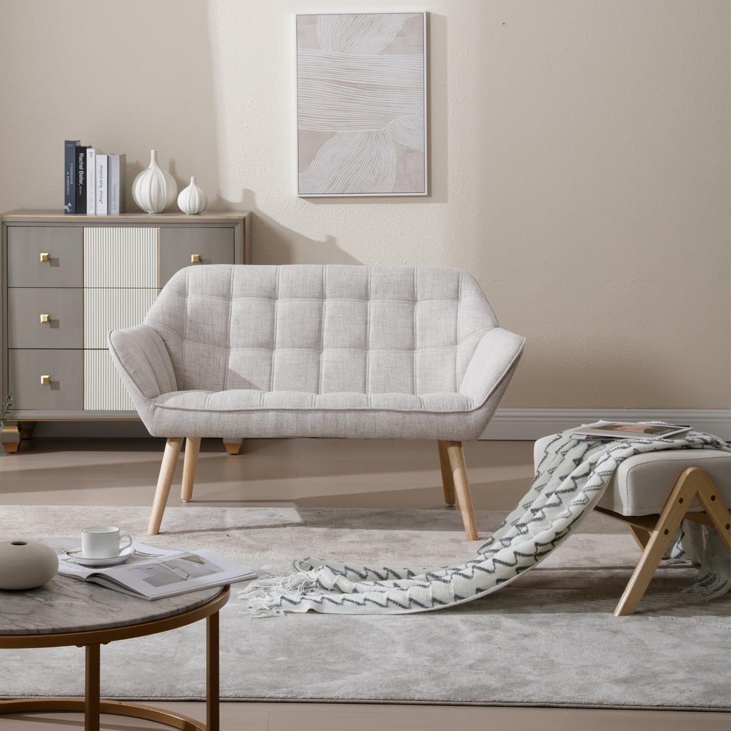 48" Small Loveseat Sofa, Modern Linen Fabric Mini Sofa Couch 2-Seater Love Seat with Quilting Backs and Wood Legs for Living Room, Bedroom and Small Space, Beige