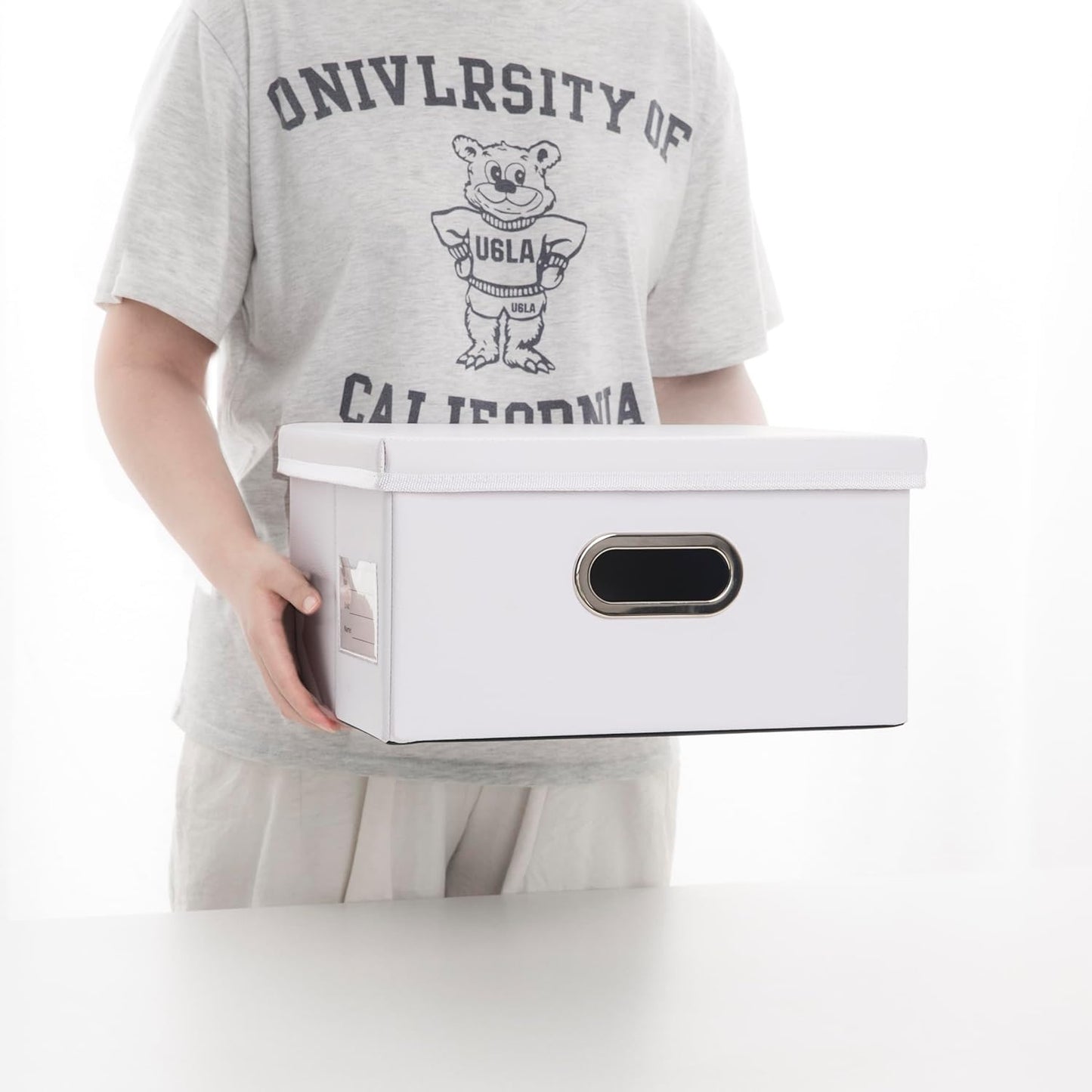 PRANDOM Collapsible Storage Box with Lid [3-Pack] Leather Fabric Foldable Storage Bin Organizer Container Basket Cube with Cover for Home Bedroom Closet Office Nursery White(13.6x9.6x6.9)