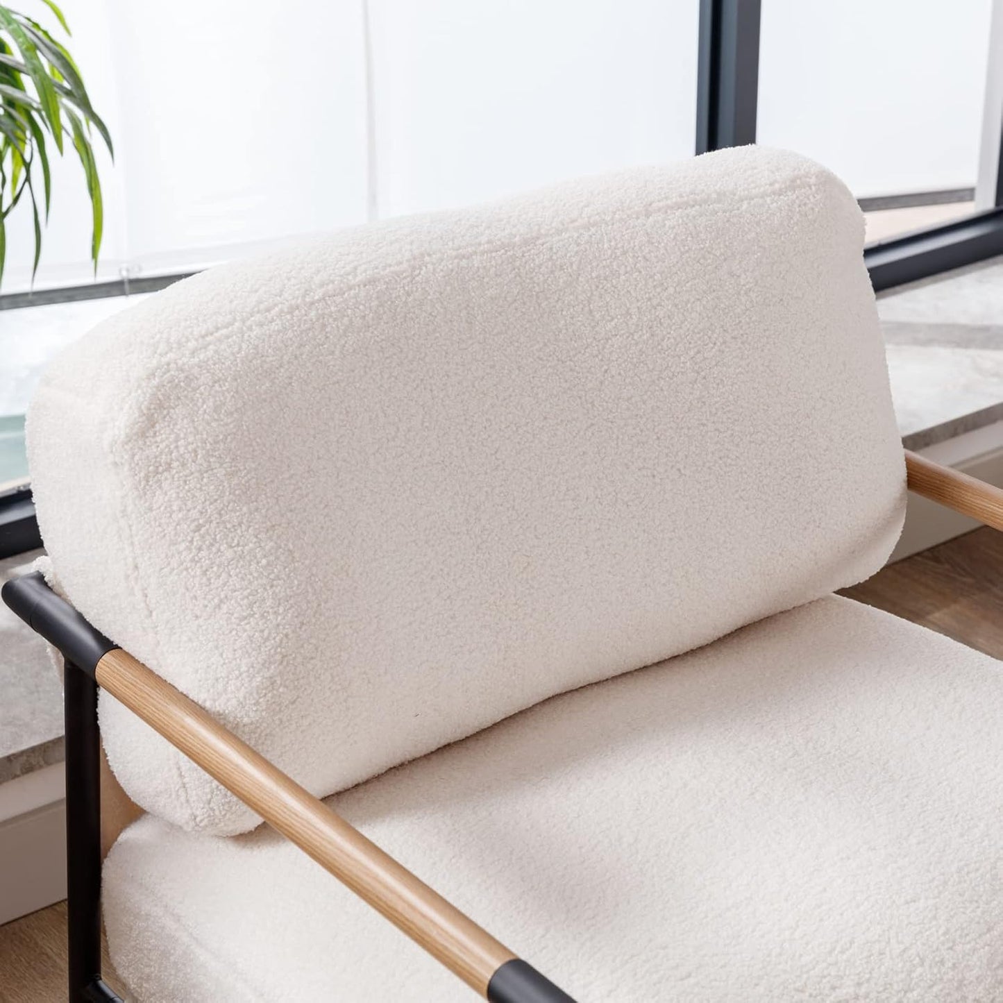 Mid-Century Accent Chair Set of 2, Soft Armchair Sherpa Fabric Lounge Chair with Black Metal Legs, Upholstered Leisure Chair for Living Room Bedroom Reception Room, White