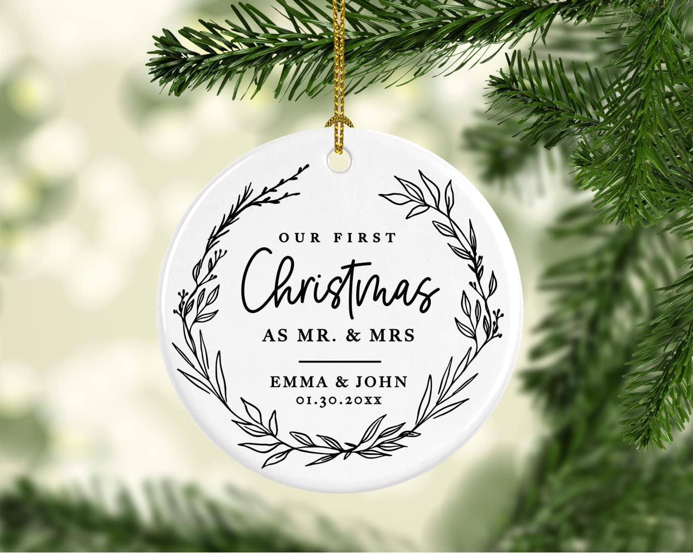 Andaz Press Personalized Our First Christmas As Mr. & Mrs. 2024 Christmas Ornaments Modern Farmhouse Wreath 2.8" Round Porcelain Ceramic 1st Year Married Custom Ornament Keepsake for Newlyweds 1-Pack