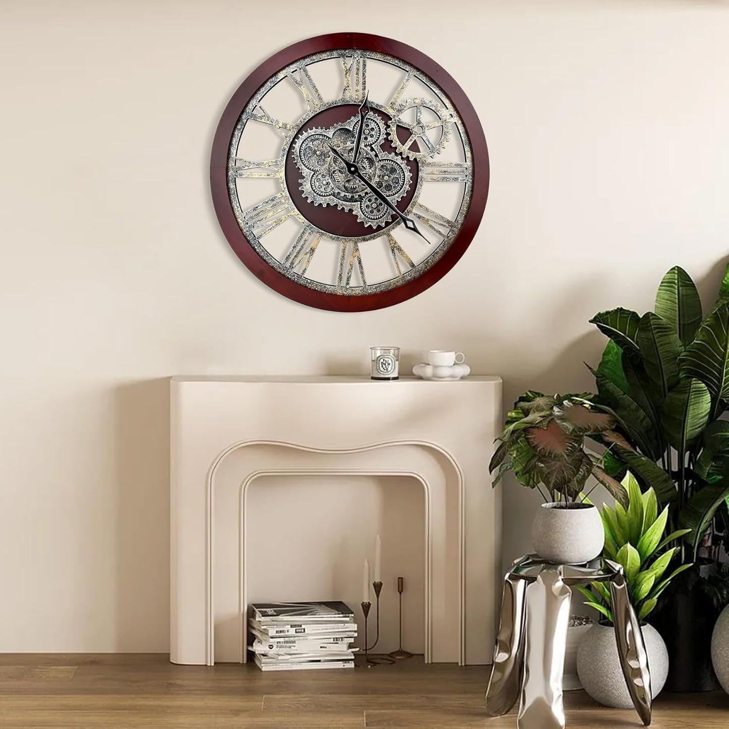 HOIBAI Large Wall Clock, Wall Clocks for Living Room Decor 30 Inch Farmhouse Vintage Rustic Kitchen Wall Decor Vintage Roman Oversized Wall Clock for Home Bedroom House, Moving Gears Clock