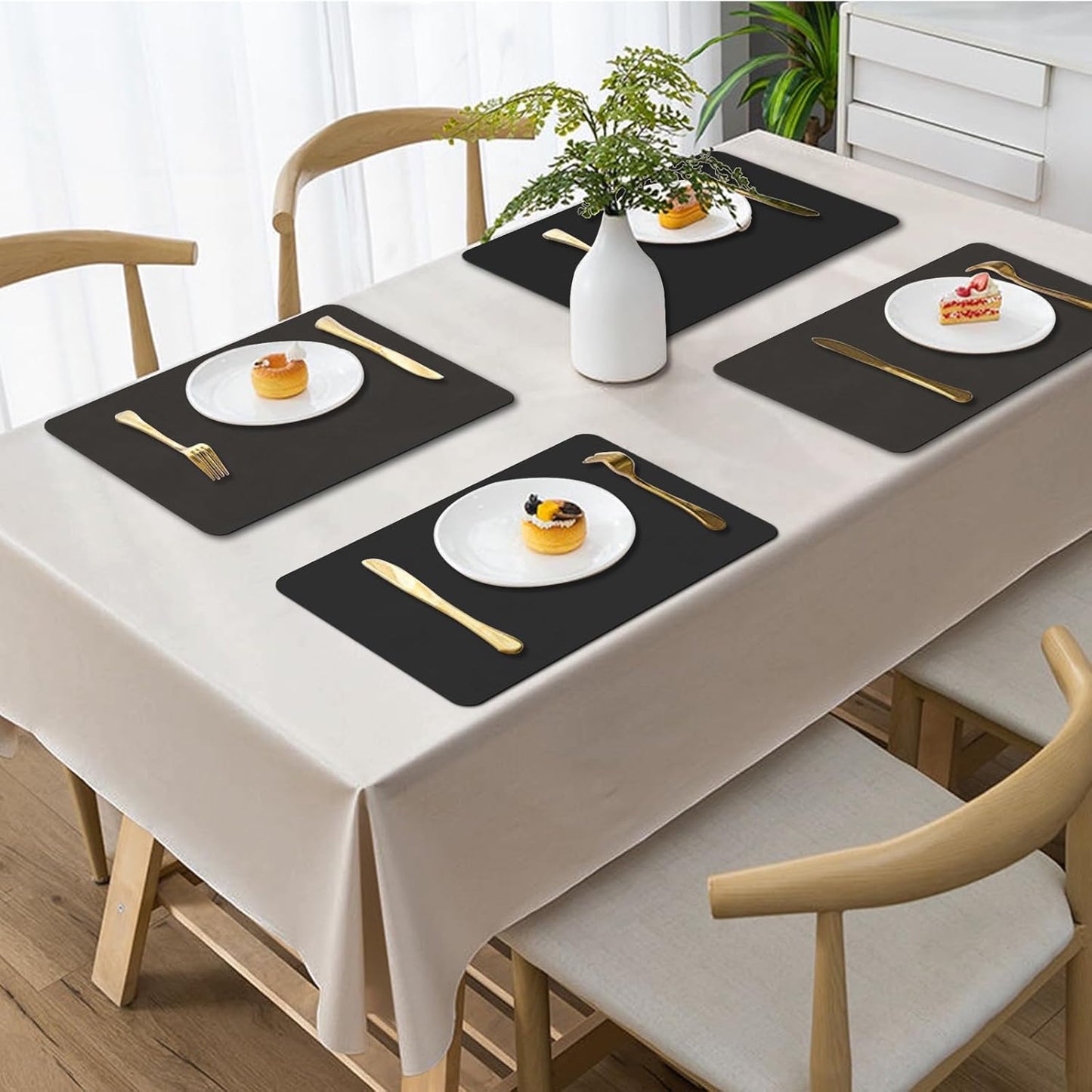 Faux Leather Placemats, Set of 4, 12''×17' Textures on Both Sides, Heat-Resistant, Waterproof and Oil-Proof, Reversible Place Mats for Kitchen, Dining Table, Outdoor-Coffee&Black