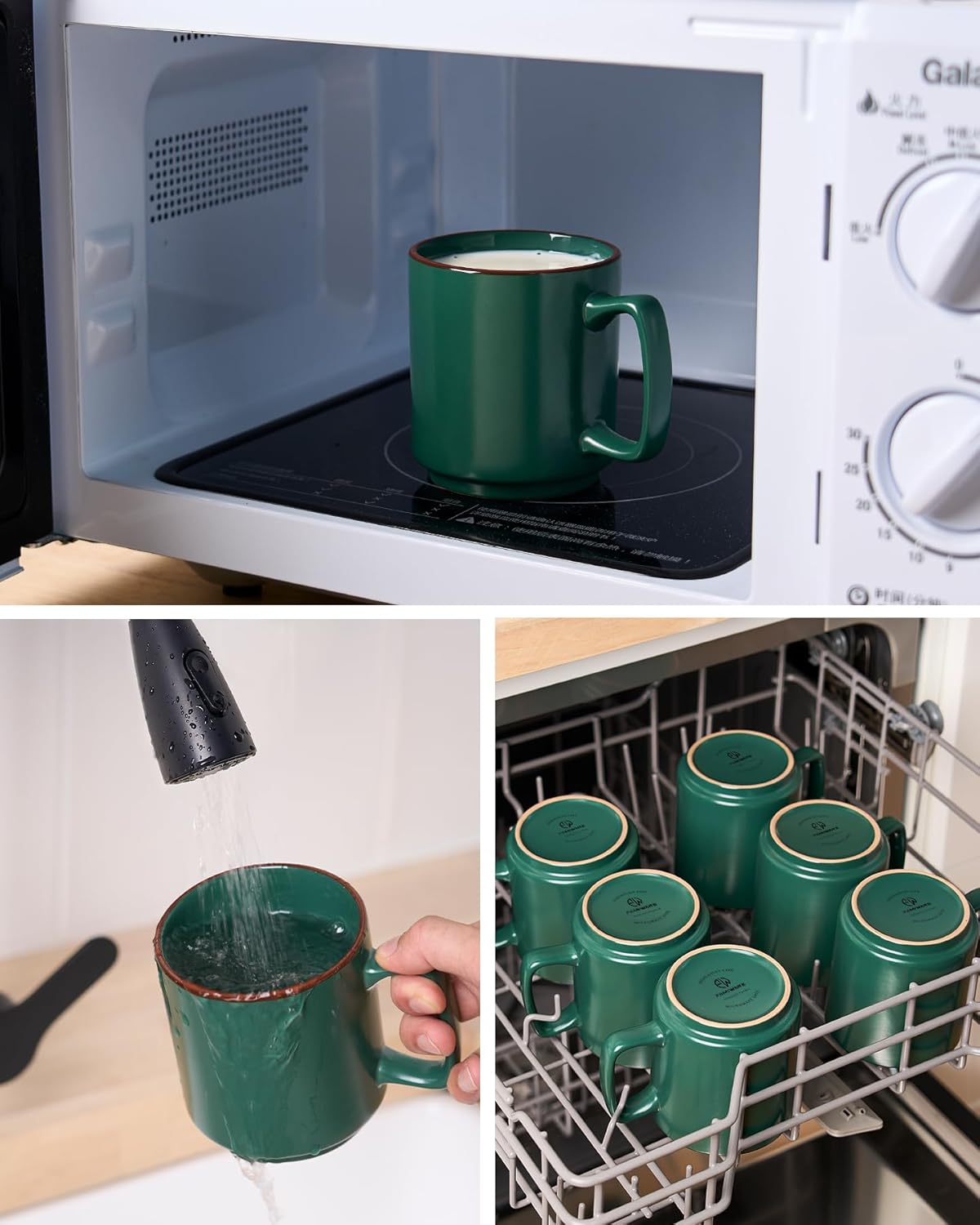 famiware Coffee Mugs Set of 6, Nebula 14oz Coffee Mugs, Ceramic Cup Set with Handle for Latte, Tea, Milk, Cappuccino, Cocoa, Dark Green