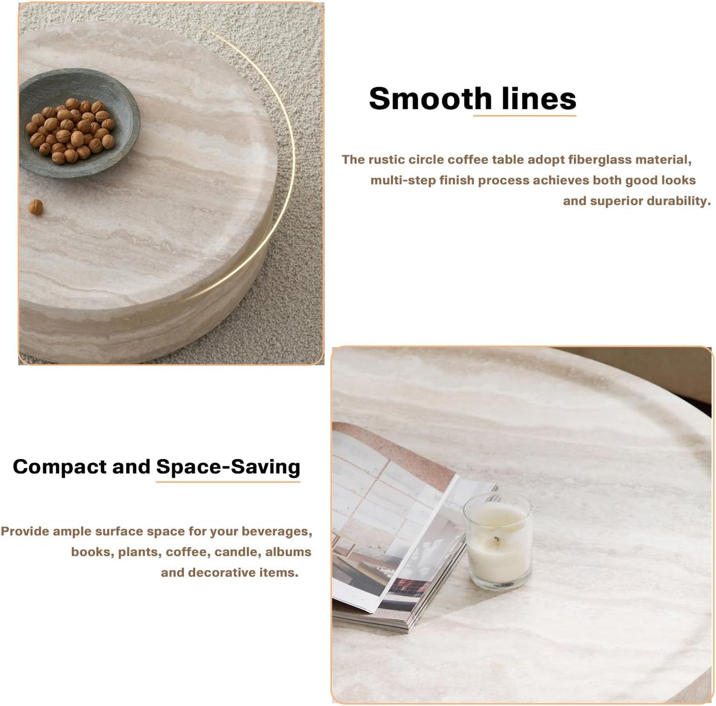 Faux Marble Coffee Table, Modern Round Coffee Table for Living Room, Circle Drum Coffee Side Tables, Fiberglass Center End Table for Small Place Apartment Office (39.37'' Marble)