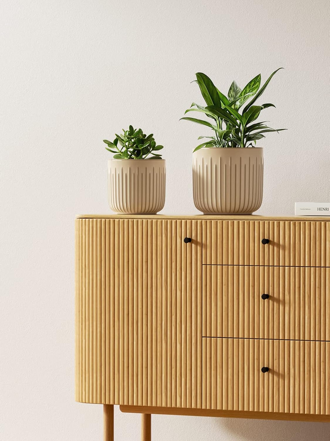 LE TAUCI Fluted Ceramic Planters Set of 3 – 8.3/7 / 5.7 in Cloud Cream Reactive Cylinder Indoor Plant Pots with Drainage Plug & Mesh, Glossy Stoneware Flower Pots for Succulents Herbs