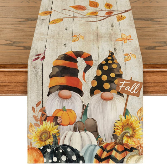 Artoid Mode Wood Gnomes Pumpkins Sunflower Maple Leaves Fall Table Runner, Kitchen Dining Table Decoration for Home Party Decor 13 x 36 Inch