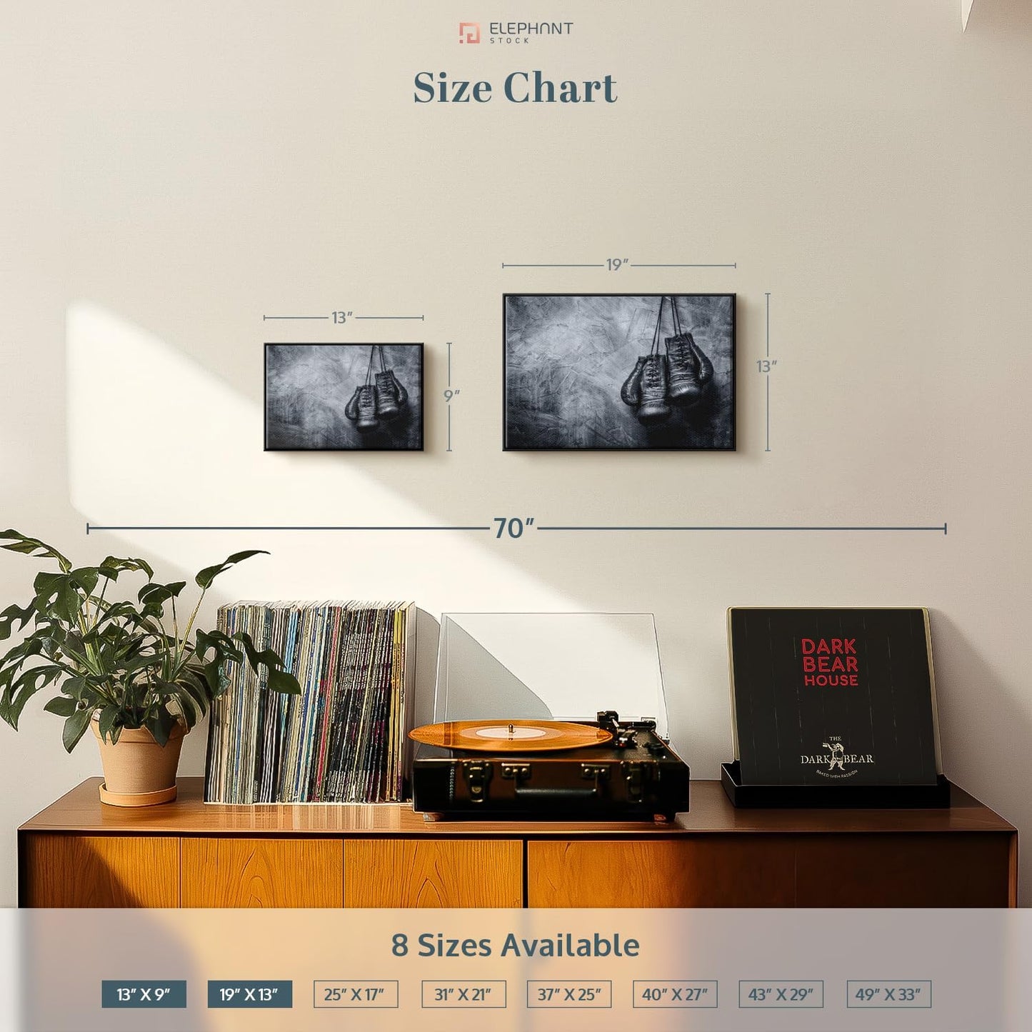 ElephantStock Boxing Gloves Wall Art - Horizontal Framed Canvas - 1-Piece Living Room Wall Decor - Photography Sports Canvas Print - Black and Gray Decor for Wall - 13" X 9"