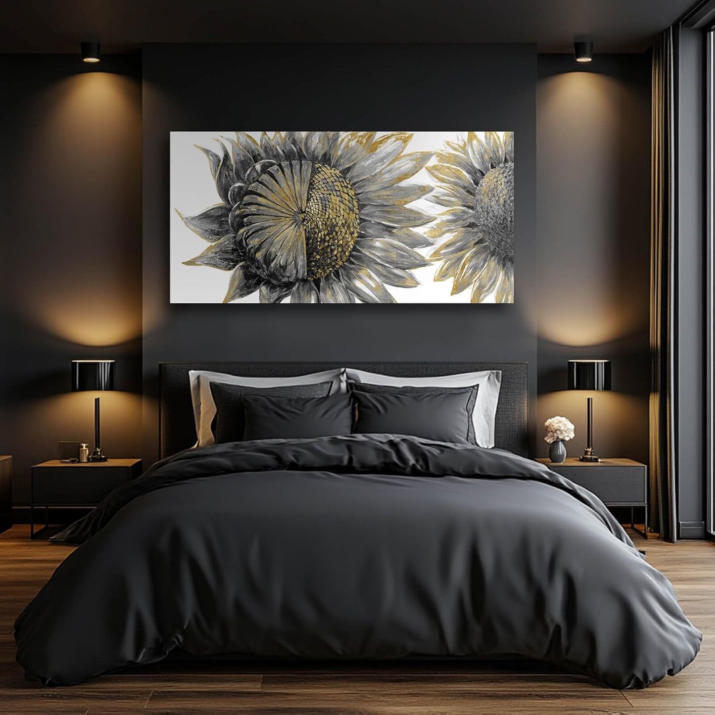 Framed Wall Art for Living Room Sunflowers Wall Decor Large Wall Decorations Black Artwork Flowers Prints Pictures for Home Office 29"x58"