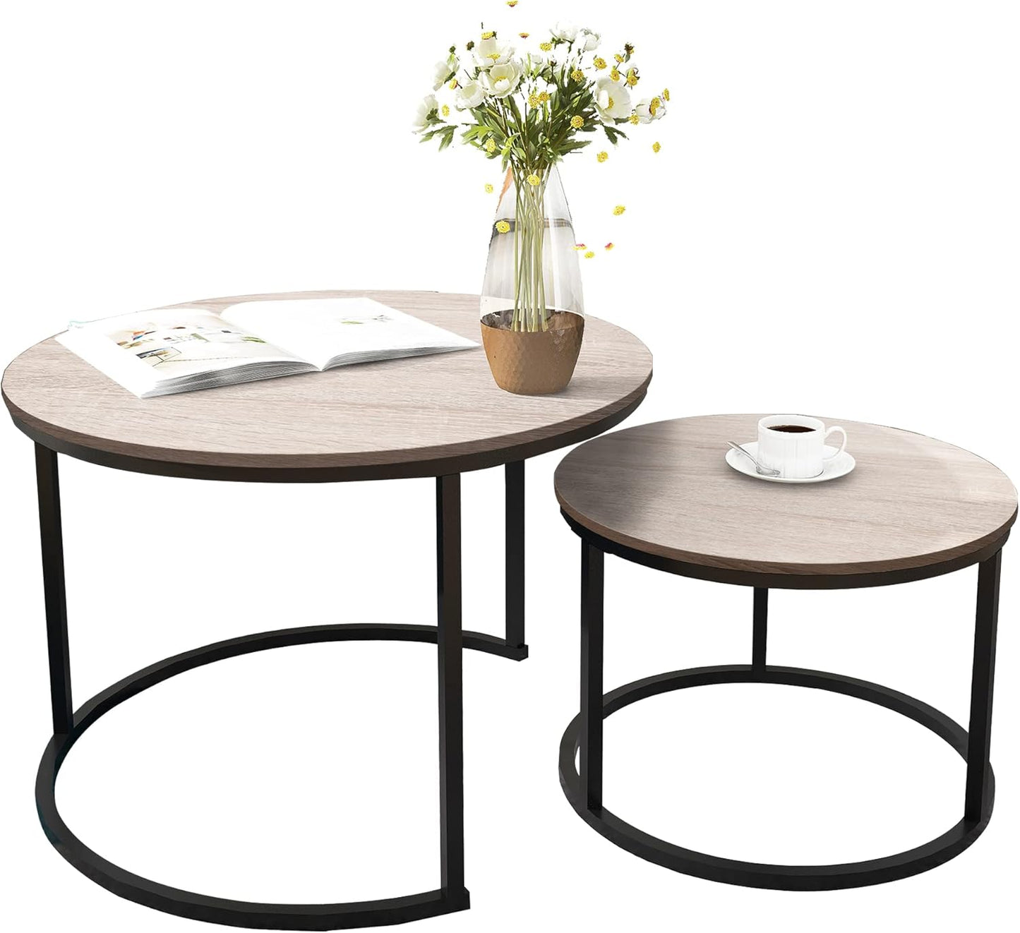 Round Coffee Tables Nesting Side Set of 2 End Tables for Living Room,Round Table with Solid Powder-Coated Metal Frame Natural Wood Color