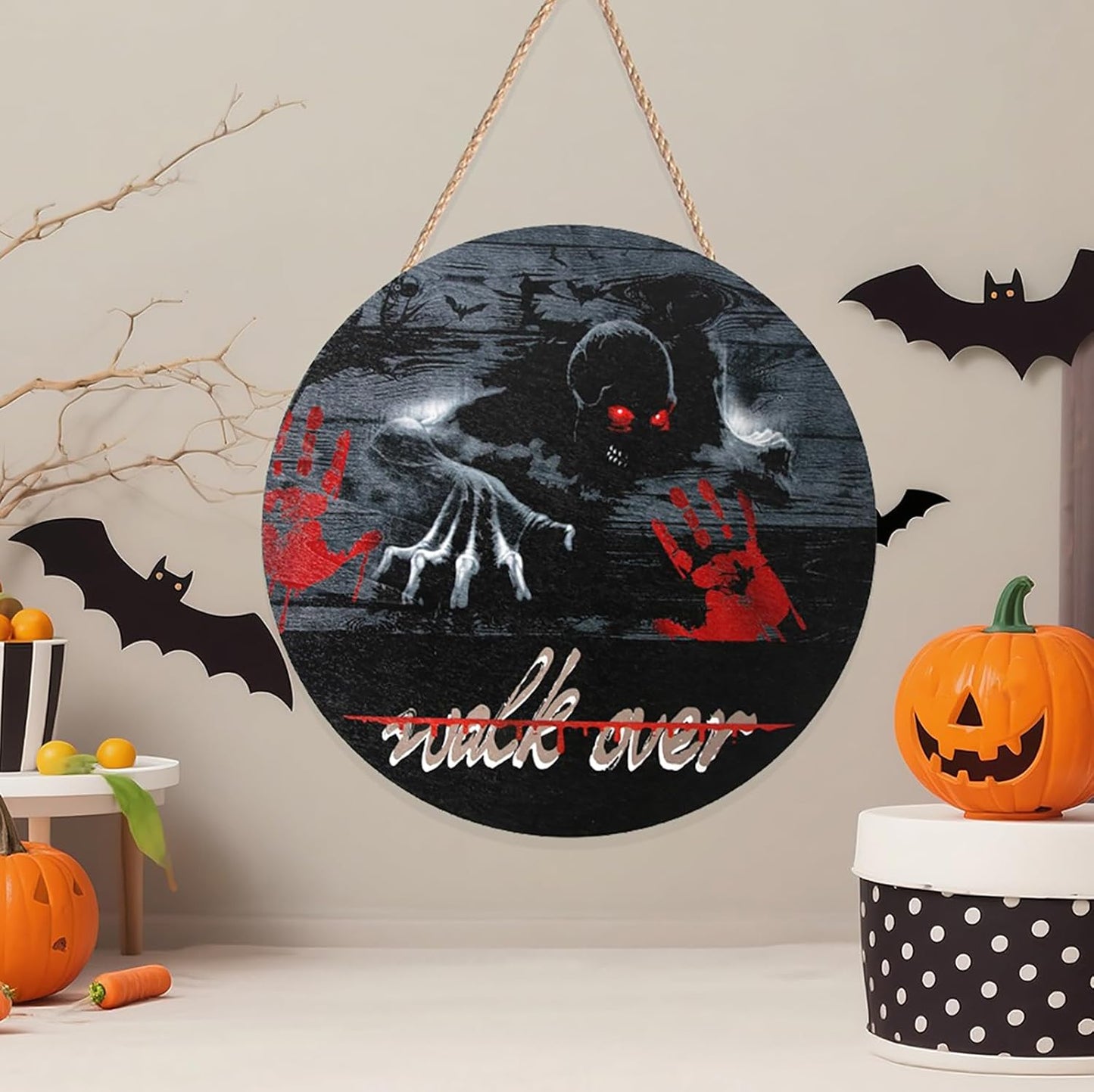 Halloween Wooden Round Hanging Sign Decoration Horror Skeleton Outdoor Wooden Plaques Yard Front Door Hanger Home Wall Decor for Halloween Wreath Party Supplies Decor