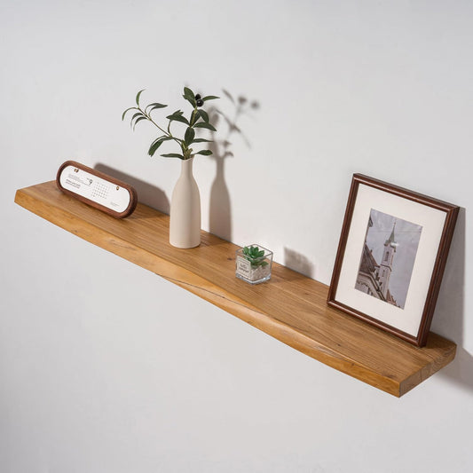 Axeman 48 inch Floating Shelves for Wall - 8'' D Live Edge Rustic Solid Elm Wood Floating Shelves Wall Mounted, Hanging Shelves with Invisible Bracket for Living Room Bedroom Kitchen, Natural