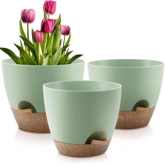 Plant Pots 10/9/8 Inch Self Watering Pots, Set of 3 Plastic Planters with Drainage Holes and Saucers,Plastic Flower Pots,Nursery Planting Pot for Indoor Out Door Plants（Green）