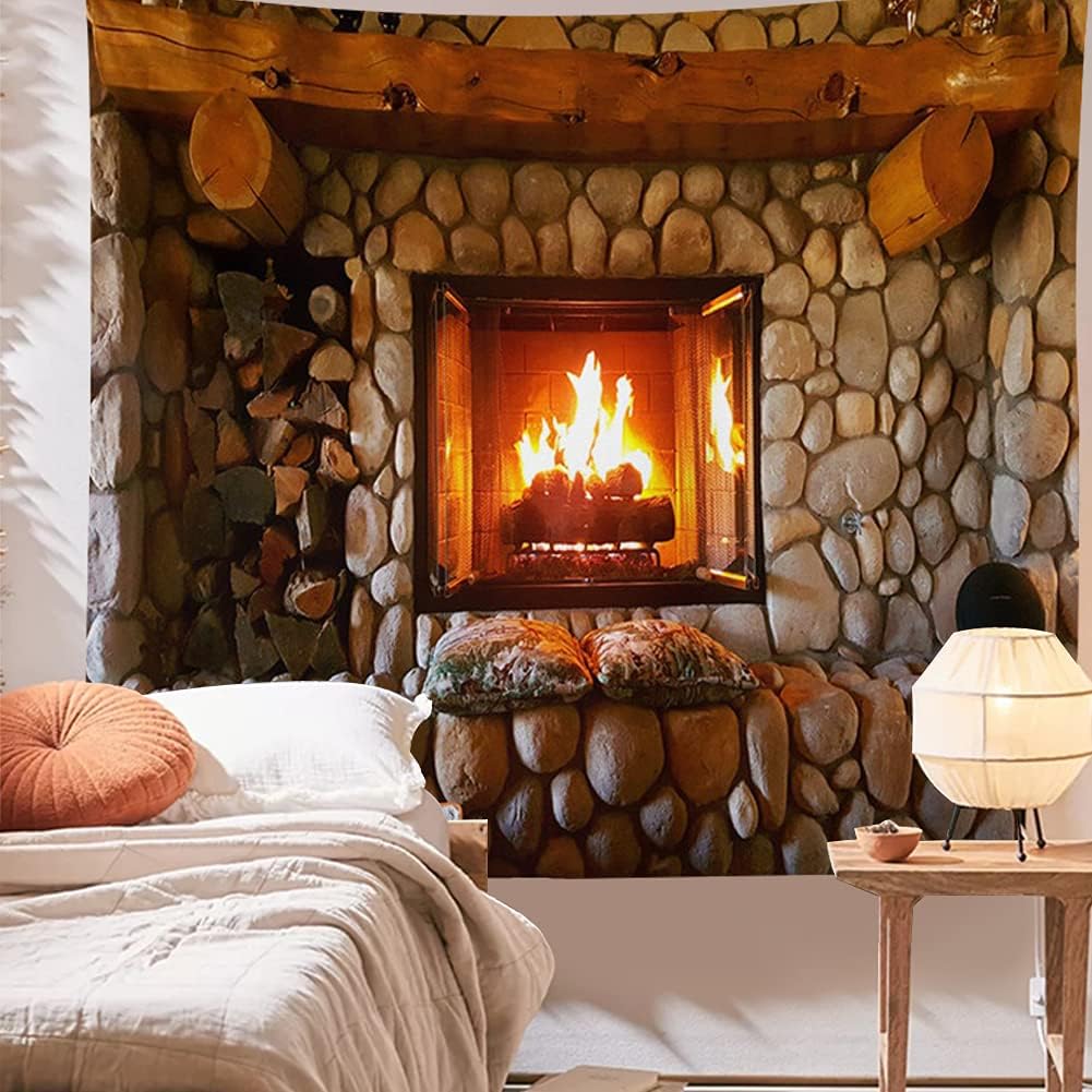 Kanora Vintage Bookshelf Tapestry Wall Hanging - Study Room Picture Art Retro Library Bohemian Hippie Tapestries Bedroom College Dorm Decor (Firplace, 59L51W)