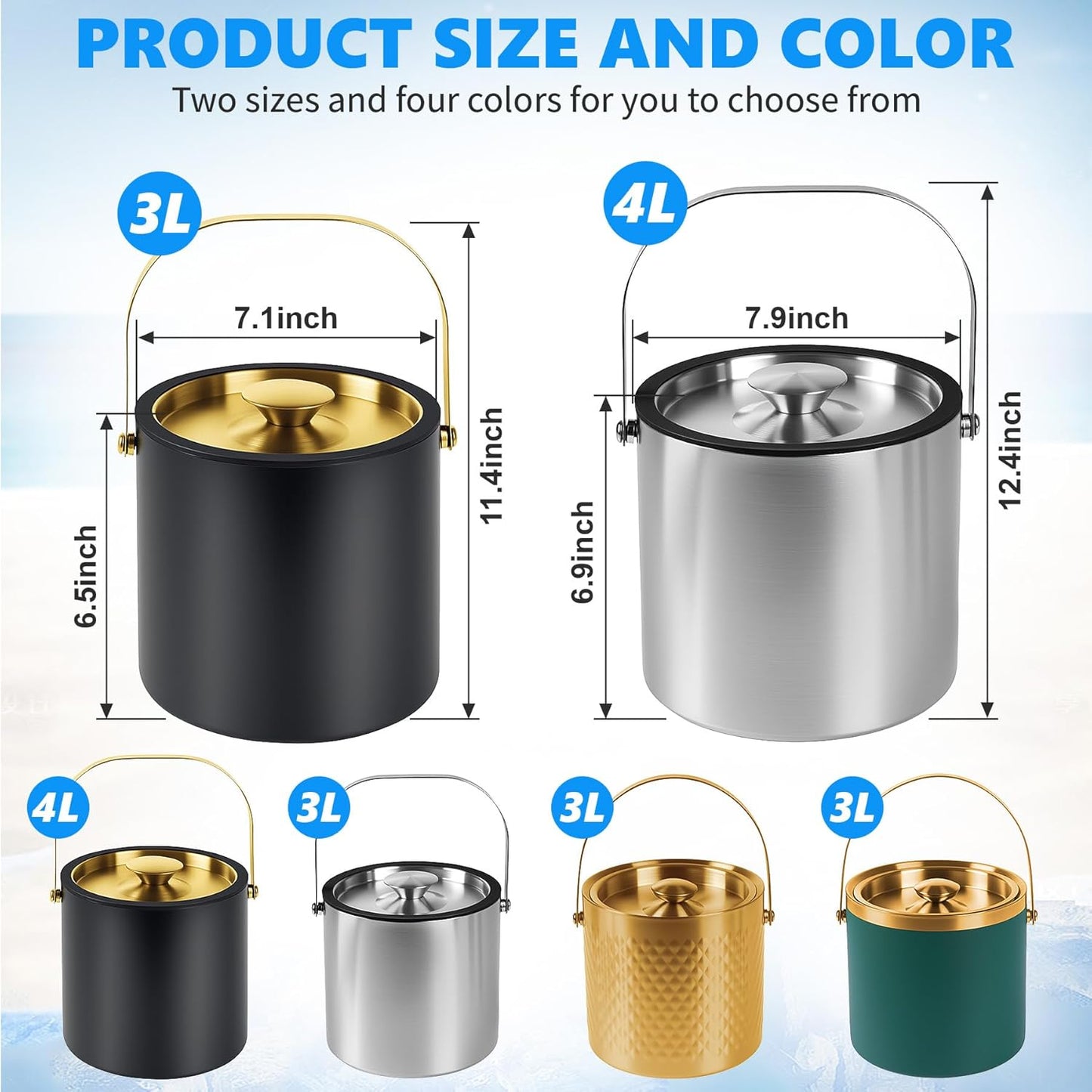 Ice Bucket, Green Ice Bucket 3L with Silicone Sealing Ring Double-Wall Vacuum Insulation Champagne Buckets with Filter Layer Ice Tongs Ice Scoop (Green, 3 L)